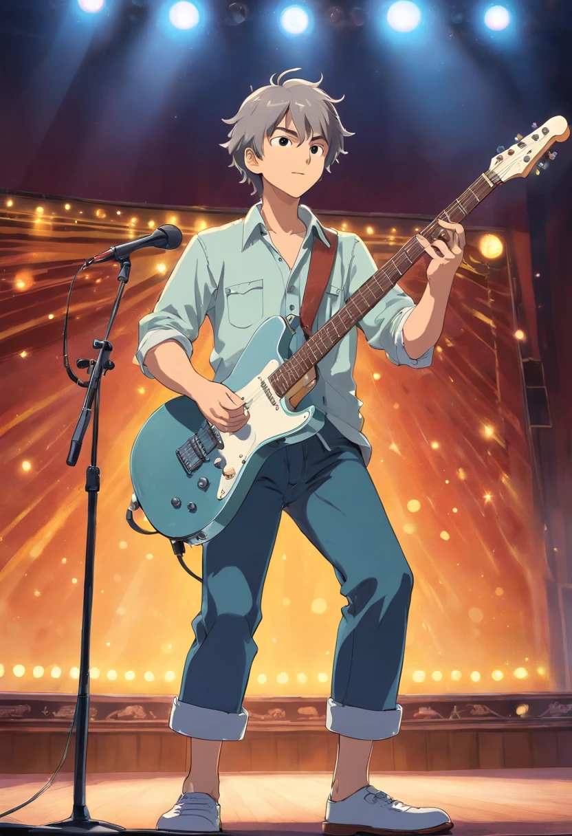 there is a man that is playing a guitar on stage, playing guitar on stage, playing electric guitar, Apresentando-se no palco, acoustic guitarrista, solo by acoustic guitarra, Guitarra, rocking out, no palco, baixista, no palco, holding Electric Guitar, em um palco, Ed O'Brien (acoustic guitar), live performance, tom sombrio, holding a silver electric guitar, Executar