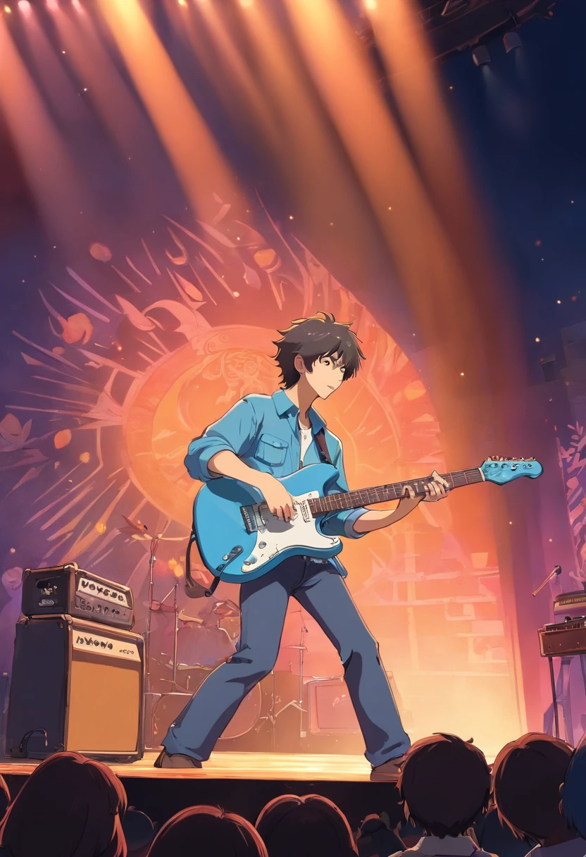 there is a man that is playing a guitar on stage, playing guitar on stage, playing electric guitar, Apresentando-se no palco, acoustic guitarrista, solo by acoustic guitarra, Guitarra, rocking out, no palco, baixista, no palco, holding Electric Guitar, em um palco, Ed O'Brien (acoustic guitar), live performance, tom sombrio, holding a silver electric guitar, Executar