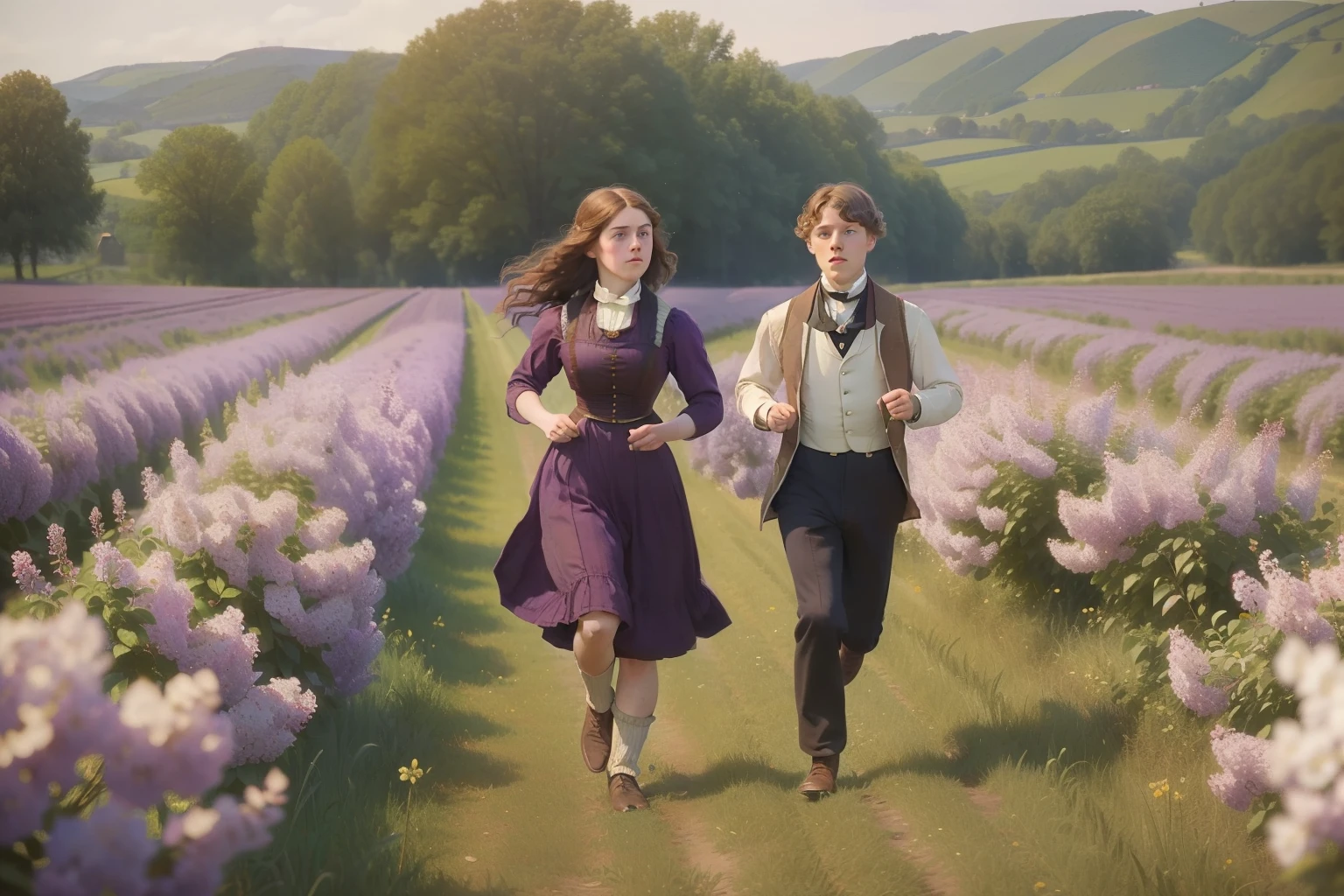 year: 1860. Location: Rock Island, Illinois. Pre-Raphaelite (((-yeld Gee MacKay))), running with a girl in a lilacs field, laugthing, ((((rural Clothing from the 1860s)))) ((Hairstyle of the 1860s)), ((("OMITB" cinematography)))