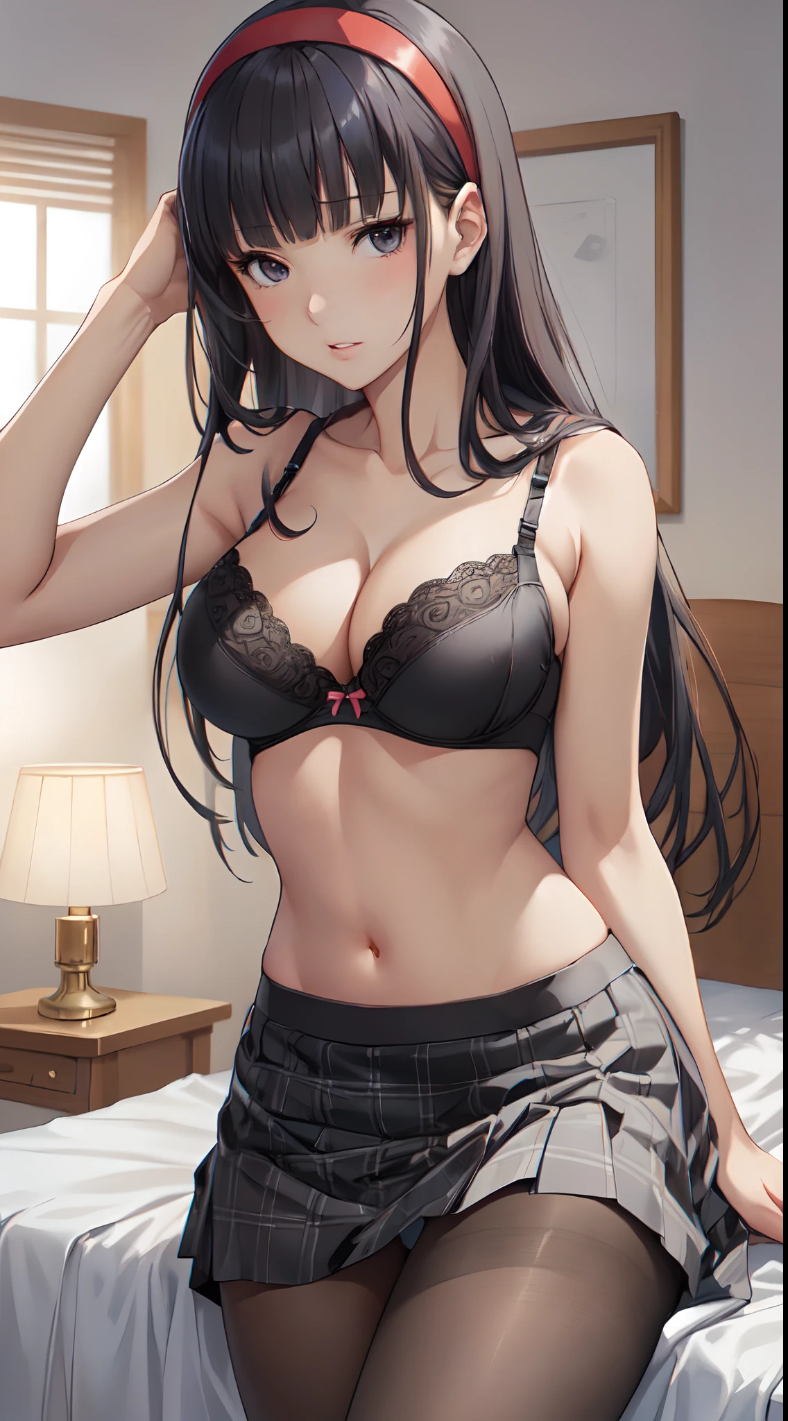 Official art,(masutepiece:1.5),(very precise details,Ultra High Resolution:1.5),(Highly detailed CG Unity 8K:1.5),(View from below:1.3),(A slender:1.4),(NSFW:1.4),(Hands behind the head:1.4),Perfect litthing,colourfull,(Bright Front face Illuminating:1.3),(Perfect female body:1.4),Long hair,Long straight hair,(Tsuriformes:1.4),(sharpnes:1.4),(Curve,Model,glamor:1.4),(Bottomless:1.3),(Realistic, hyper realisitic:1.4),(beautiful hands of a woman:1.4),parted_Lips,(Bedroom,on the beds:1.3),25-years old,(A dark-haired:1.4),(Blunt bangs:1.4),(red hairband:1.4),(Black underwear:1.4),cleavage of the breast,showing underwear,long skirt,(Black checked skirt:1.5),(Black pantyhose:1.4),(embarrassed:1.4),a hyperrealistic schoolgirl,(Large breasts:1.4),(F Cup Bust:1.3),Black eye,Shiny hair,Seductive anime girl in underwear,Smooth Anime CG Art, beautiful anime high school girl, anime moe art style, Beautiful anime girl, charming anime girls, marin kitagawa fanart,Yukiko Amagi, Cute anime girl, Anime Girl,(Black underwear:1.4),Highly detailed bra、Small bra、Ren Hao、Lace-trimmed legwear,