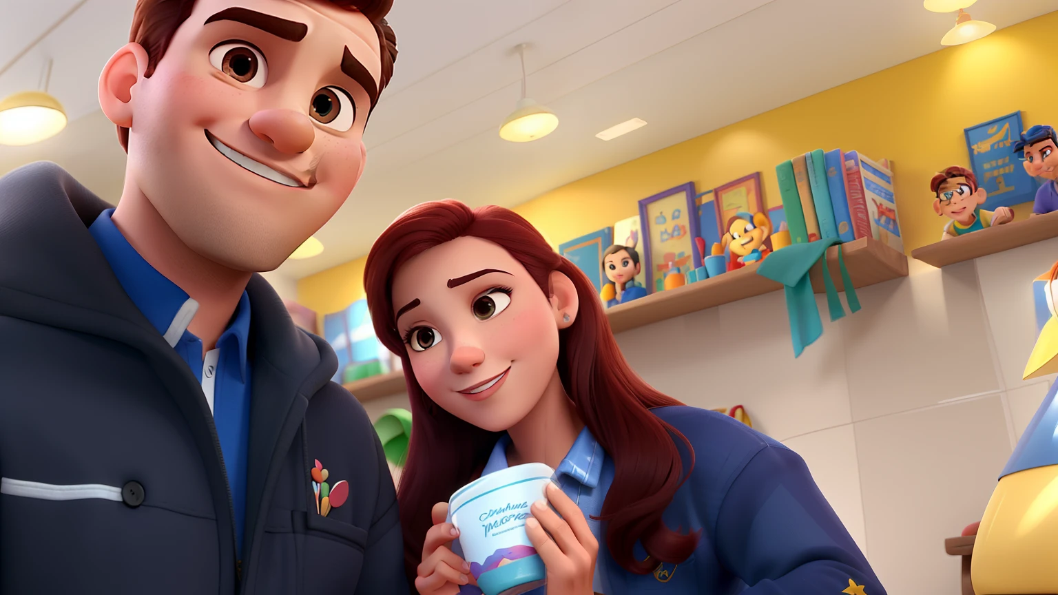 Casal (homem moreno e mulher branca) no estilo Disney Pixar, alta qualidade, melhor qualidade.