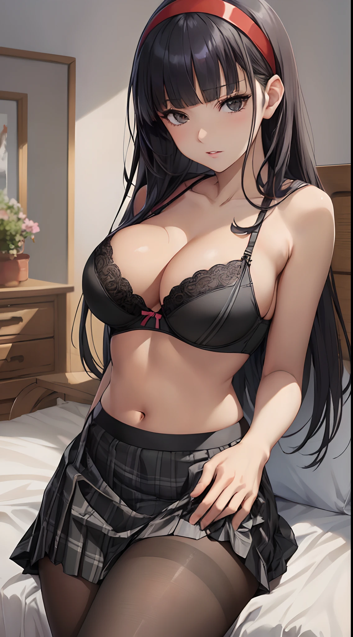Official art,(masutepiece:1.5),(very precise details,Ultra High Resolution:1.5),(Highly detailed CG Unity 8K:1.5),(View from below:1.3),(A slender:1.4),(NSFW:1.4),(Hands behind the head:1.4),Perfect litthing,colourfull,(Bright Front face Illuminating:1.3),(Perfect female body:1.4),Long hair,Long straight hair,(Tsuriformes:1.4),(sharpnes:1.4),(Curve,Model,glamor:1.4),Bottomless,(Realistic, hyper realisitic:1.4),(beautiful hands of a woman:1.4),parted_Lips,(Bedroom,on the beds:1.3),25-years old,(A dark-haired:1.4),(Blunt bangs:1.4),(red hairband:1.4),(Black underwear:1.4),cleavage of the breast,showing underwear,long skirt,(Black checked skirt:1.5),(Black pantyhose:1.4),(embarrassed:1.4),blush stickers,a hyperrealistic schoolgirl,(Large breasts:1.4),(F Cup Bust:1.3),Black eye,Shiny hair,Seductive anime girl in underwear,Smooth Anime CG Art, beautiful anime high school girl, anime moe art style, Beautiful anime girl, charming anime girls, marin kitagawa fanart,Yukiko Amagi, Cute anime girl, Anime Girl,(Black underwear:1.4),Highly detailed bra、Small bra、Ren Hao、Lace-trimmed legwear,