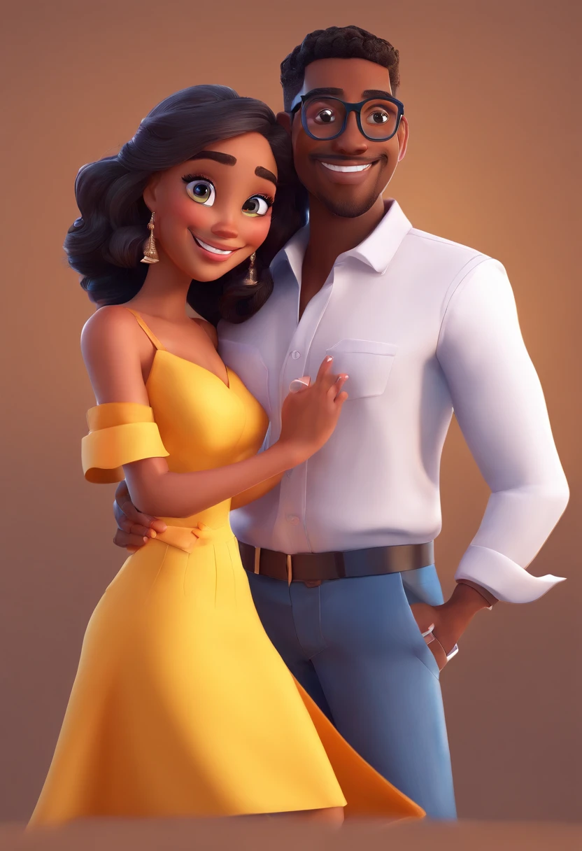 An illustration of an adorable couple, Highlight for a black man and a brunette woman with beautiful black glasses and expressive eyes – the man's skin is light brown and the man's hair is short and black, while the woman's skin is brown, com sardas no rosto e o cabelo da mulher liso e preto. They are a bright room, cada um com um sorriso no rosto, e compartilhar um momento especial caracterizado pelo amor, Insights. Illustrate this scene from a perspective where they are facing the camera, Smiling and Showing Your Connection. Desenvolva esta arte em Full HD, Focus on your cinematic touch, Estilo Disney Pixar Animations