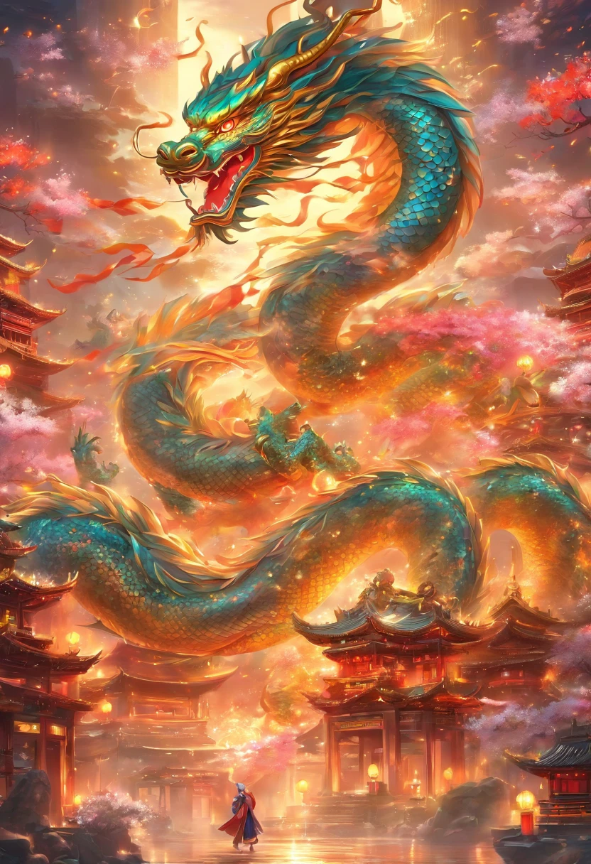 Chinese style elements，Oriental dragon image, Blessed by the dragon，The dragon is praying，Soaring skies, There are colorful lights everywhere, They were delighted, (High contrast), (The era of fantasy worlds), People are happily shopping, The atmosphere of the Spring Festival, (Ray tracing, Global illumination), (Masterpiece:1.4), (vibrant:1.2), Cinematic, iintricate，detail-rich, (Ultra-detailed CG unity 8k wallpaper)