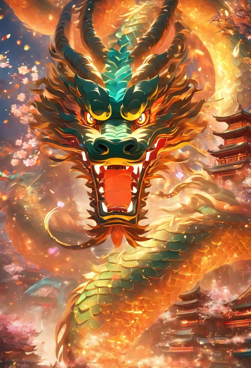 Chinese style elements,Oriental dragon image, Blessed by the dragon,The dragon is praying,Soaring skies, There are colorful lights everywhere, They were delighted, (High contrast), (The era of fantasy worlds), People are happily shopping, The atmosphere of the Spring Festival, (Ray tracing, Global illumination), (Masterpiece:1.4), (vibrant:1.2), Cinematic, iintricate,detail-rich, (Ultra-detailed CG unity 8k wallpaper)