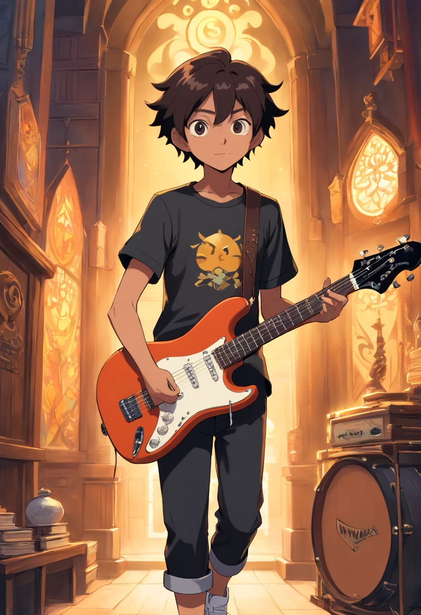 personagem , pele pardo, masculino, olhos castanhos escuro, cabelo cacheado, blusa preta, black pant, white sneakers, tocando uma guitarra jazzmaster branca, na igreja.