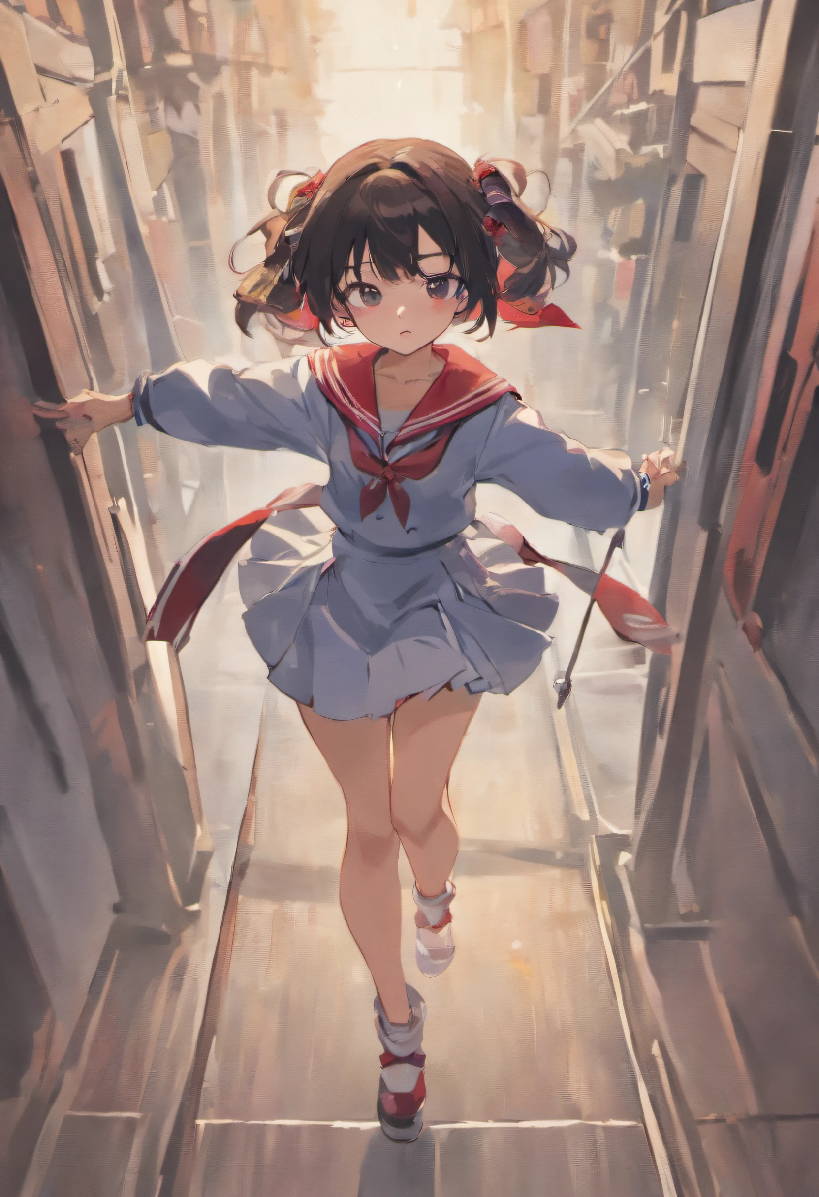 FULL BODYSHOT, Dynamic Pose, Wearing a sailor suit , Black hair twin-tailed girl, facing at camera, artwork in the style of guweiz, guweiz on pixiv artstation, guweiz on artstation pixiv, guweiz, soft anime illustration, Anime visuals of cute girls, Detailed Digital Anime Art