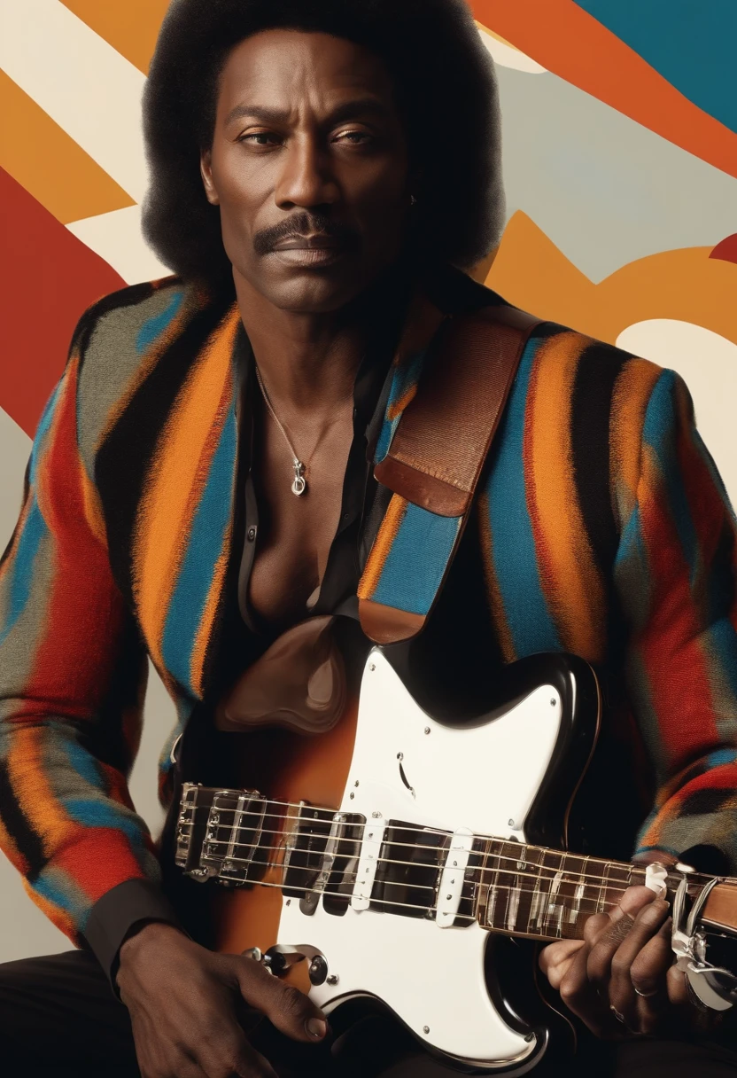 personagem , pele pardo, masculino, olhos castanhos escuro, cabelo cacheado, blusa preta, black pant, white sneakers, tocando uma guitarra jazzmaster branca, no show.