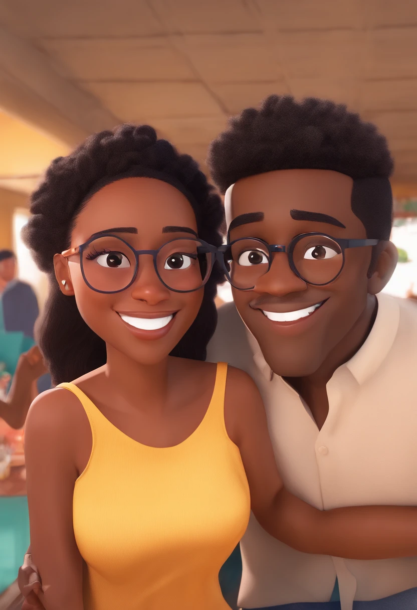 An illustration of an adorable couple, Highlight for a black man and a brunette woman with beautiful black glasses and expressive eyes – the man's skin is light brown and the man's hair is short and black, while the woman's skin is brown, com sardas no rosto e o cabelo da mulher liso e preto. They are a bright room, cada um com um sorriso no rosto, e compartilhar um momento especial caracterizado pelo amor, Insights. Illustrate this scene from a perspective where they are facing the camera, Smiling and Showing Your Connection. Desenvolva esta arte em Full HD, Focus on your cinematic touch, Estilo Disney Pixar Animations