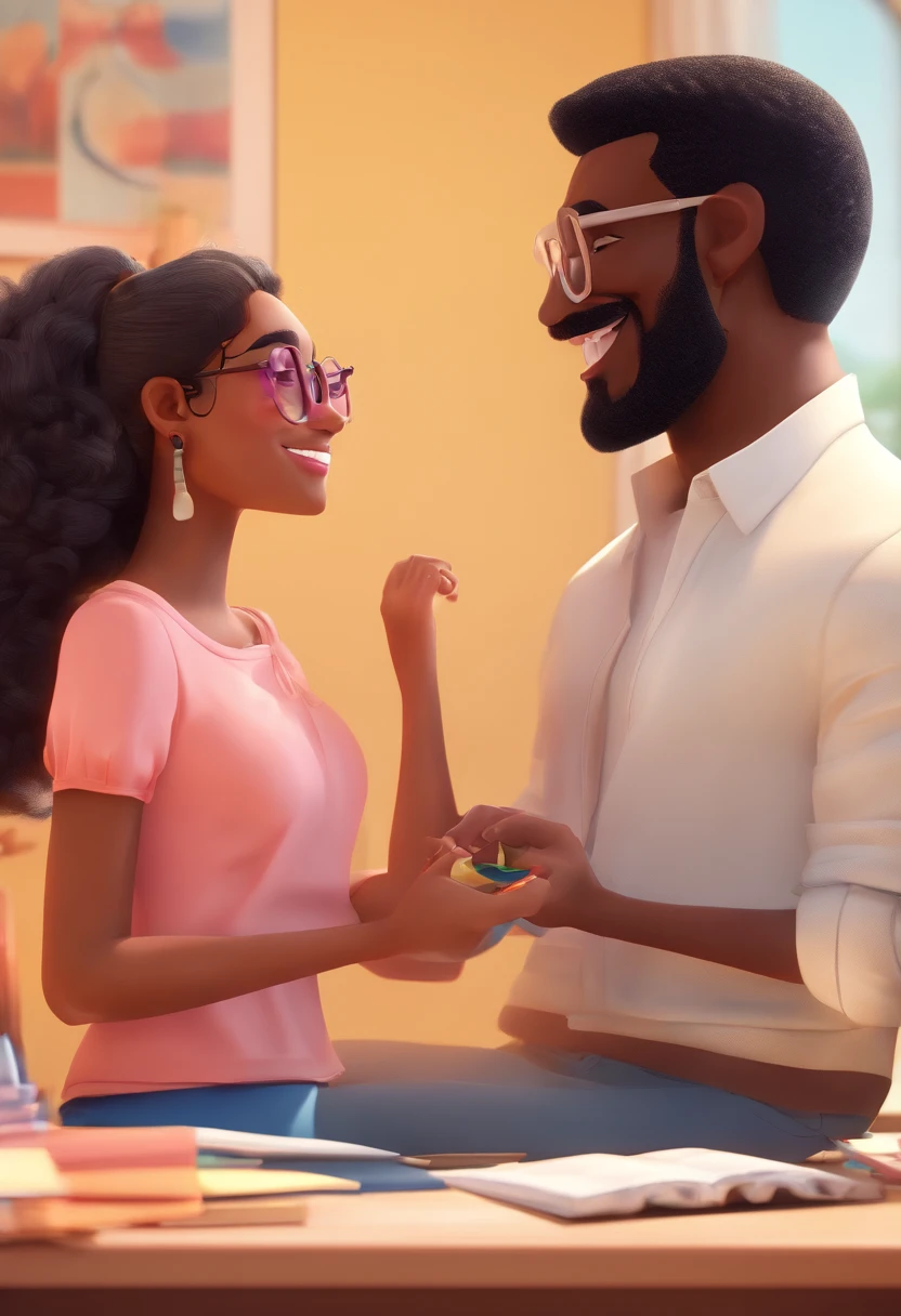 An illustration of an adorable couple, Highlight for a black man and a brunette woman with beautiful black glasses and expressive eyes – the man's skin is light brown and the man's hair is short and black, while the woman's skin is brown, com sardas no rosto e o cabelo da mulher liso e preto. They are a bright room, cada um com um sorriso no rosto, e compartilhar um momento especial caracterizado pelo amor, Insights. Illustrate this scene from a perspective where they are facing the camera, Smiling and Showing Your Connection. Desenvolva esta arte em Full HD, Focus on your cinematic touch, Estilo Disney Pixar Animations