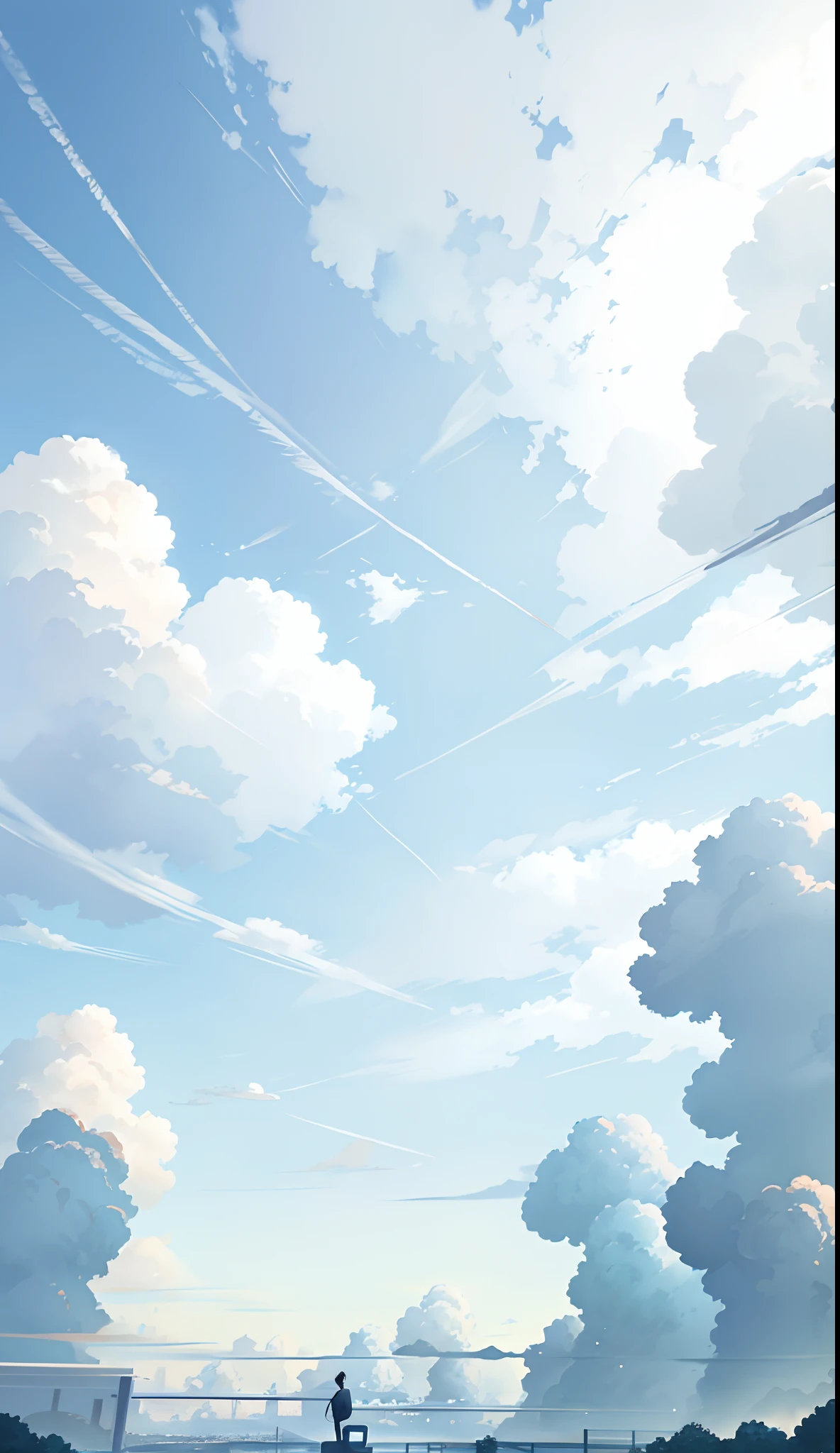 Anime style landscape background makoto shinkai style, bright sky