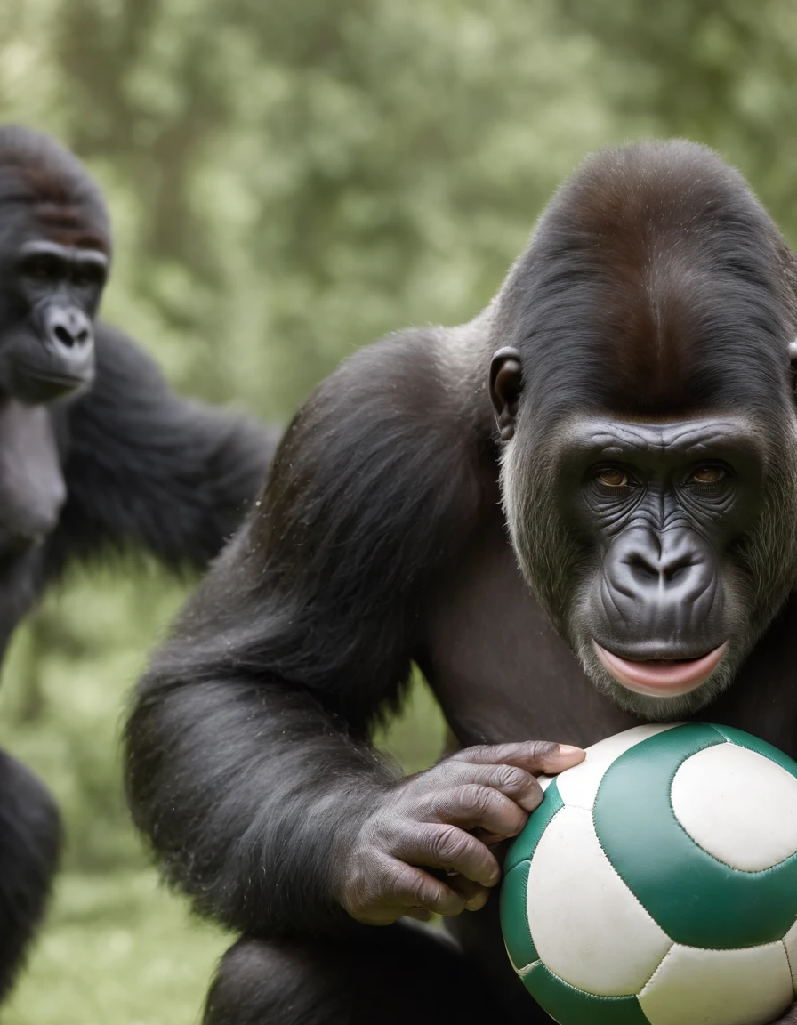 Gorila negro, grande e forte, com capacete de futebol americano, pisando em galinhas verdes medrosas