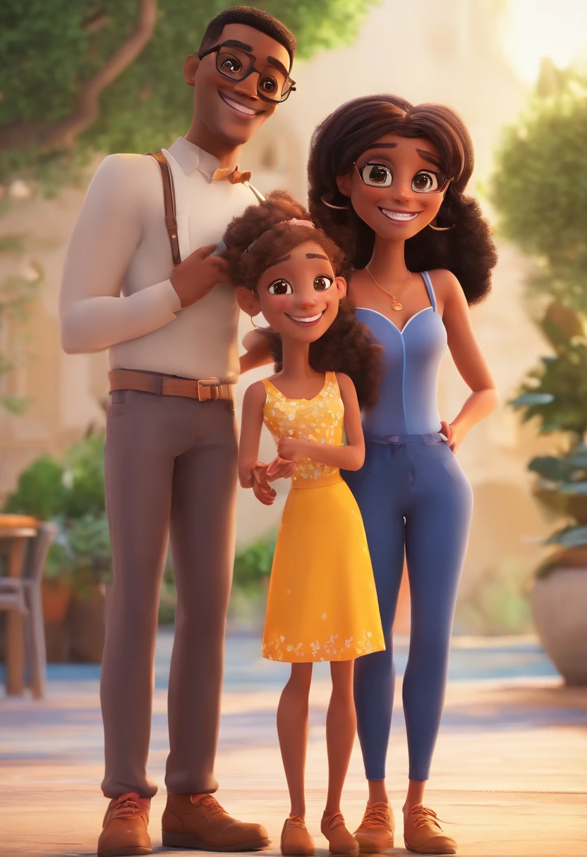 An illustration of an adorable couple, Highlight for a black man and a brunette woman with beautiful black glasses and expressive eyes – the man's skin is light brown and the man's hair is short and black, while the woman's skin is brown, com sardas no rosto e o cabelo da mulher liso e preto. They are a bright room, cada um com um sorriso no rosto, e compartilhar um momento especial caracterizado pelo amor, Insights. Illustrate this scene from a perspective where they are facing the camera, Smiling and Showing Your Connection. Desenvolva esta arte em Full HD, Focus on your cinematic touch, Estilo Disney Pixar Animations