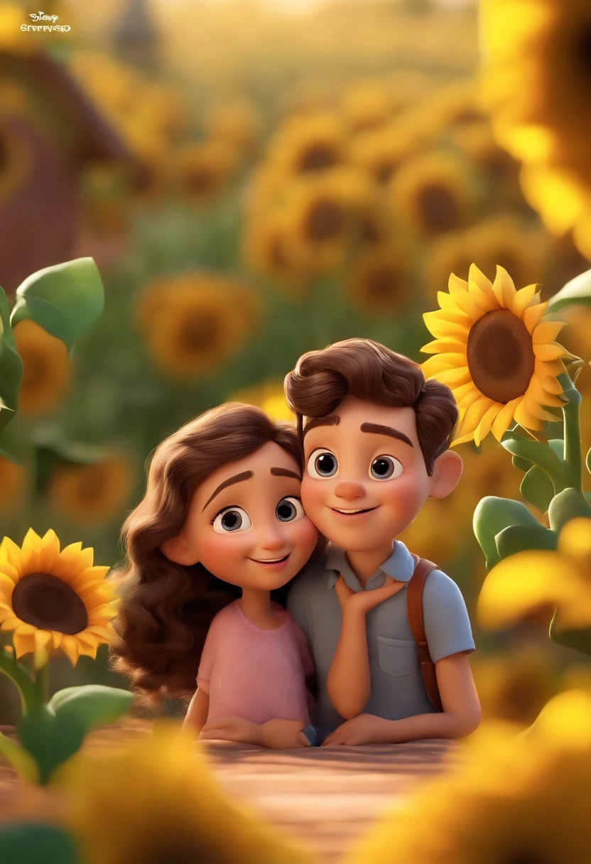 Create a Disney PIXAR-style 3D poster. ((2 children)) ((1 menino e 1 menina ao lado, They're hugging each other, O menino tem pele clara e cabelos castanhos escuros e olhos castanhos escuros, a menina tem pele moreno clara , olhos e cabelos castanhos e longos, franja)) ((tudo isso no estilo Disney PIXAR 3D, In the background, A house of sunflowers, Gloria Studio, The garden is full of nature 3D render RTX clay material, estilo de design cartunesco, POP Mart, soft lighting, linhas suaves, Spring tilt, Detailed illustrations of PIXAR 3D, Detalhes hiper-realistas, cor quente no estilo Disney PIXAR 3D))