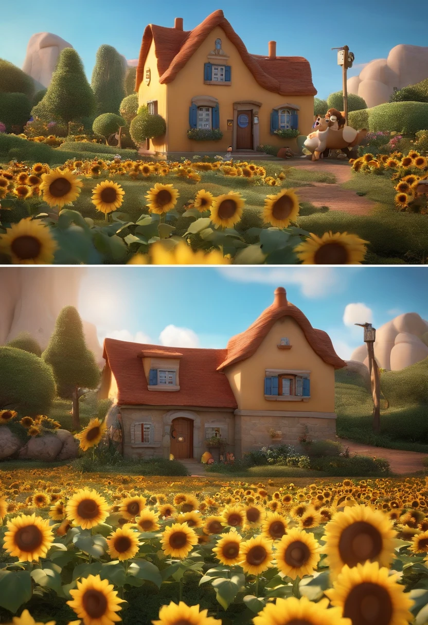 Create a Disney PIXAR-style 3D poster. ((centro da imagem, Triplets)), ((3 children)) ((1 menino no meio e 2 meninas ao lado, They're hugging each other, O menino tem pele castanha e cabelos castanhos escuros e olhos castanhos escuros, 1 menina tem pele clara, olhos e cabelos escuros e cacheados, e a outra menina tem pele morena, olhos escuros e cabelos escuros e lisos)) ((tudo isso no estilo Disney PIXAR 3D, In the background, A house of sunflowers, Gloria Studio, The garden is full of nature 3D render RTX clay material, estilo de design cartunesco, POP Mart, soft lighting, linhas suaves, Spring tilt, Detailed illustrations of PIXAR 3D, Detalhes hiper-realistas, cor quente no estilo Disney PIXAR 3D))