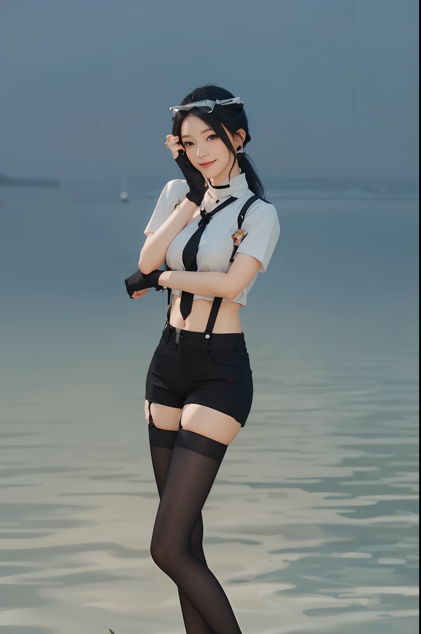 White beam rifle in hand、cute little、Charming、japanes、Black hair with red hair only inside、poneyTail、A detailed、An ultra-high picture quality、A smile、ultra gigantic tits、perfectbody、A MILF、 Red-black、Hero Pose、Stormtrooper equipment