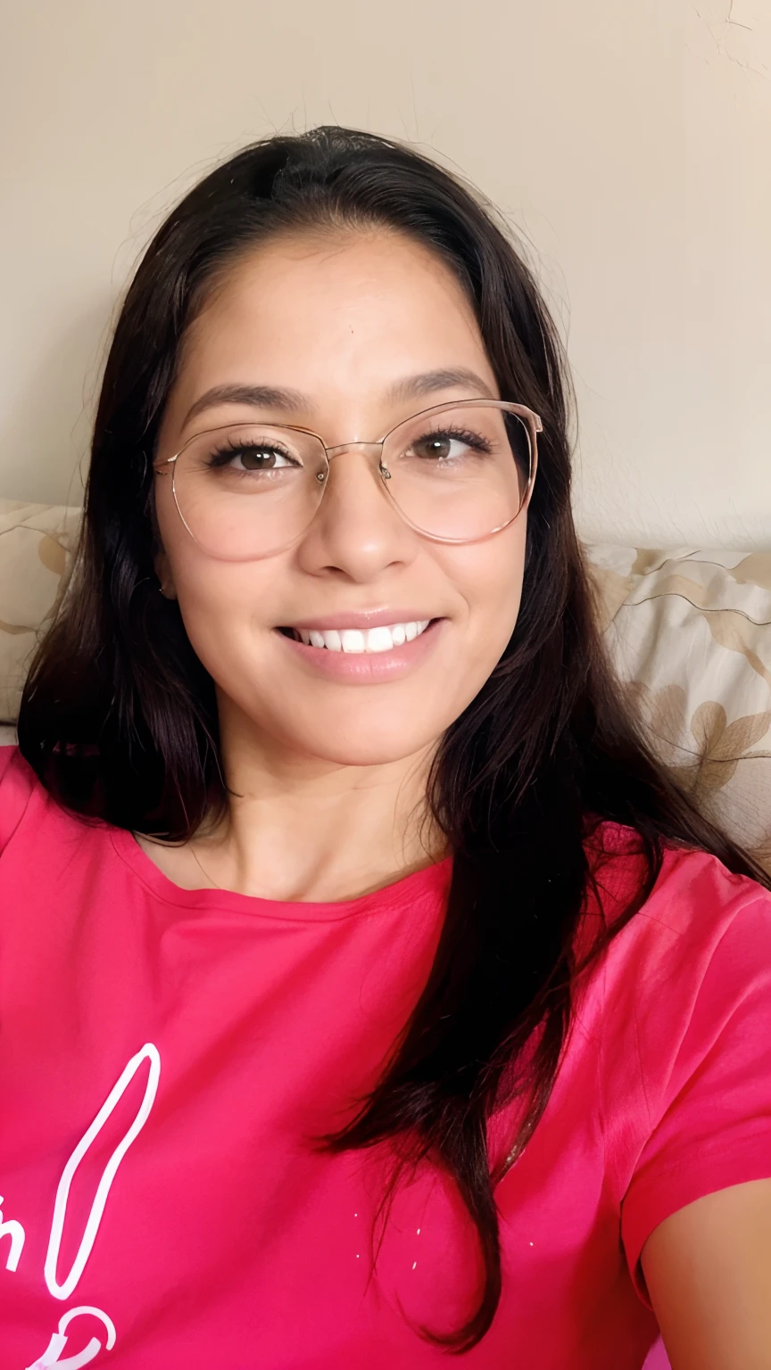 Mulher soridente, cabelos lisos pretos, Pink T-Shirt White Letters Faith, pele morena clara, Indigenous Brazilian traits, 48 anos, estilo desenho disney pixar, Sitting on the couch in the living room