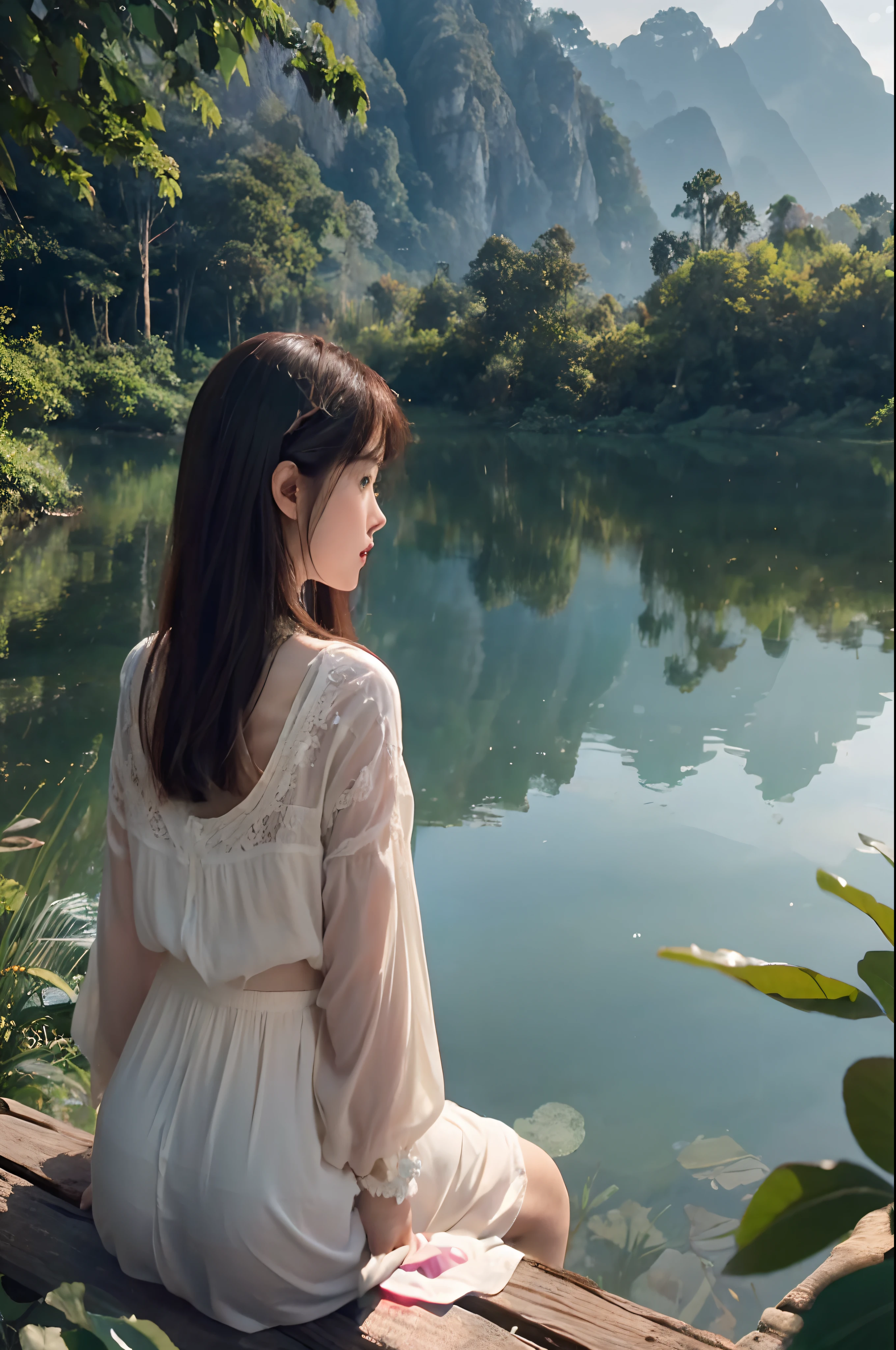 It shows a beautiful western lake and green fields...On one side of the lake there is a towering peak..，A little boy sitting in a gazebo.., On the other side is a dense forest...All images are colorful..、refreshing & natural，4K quality，oil painting,Photos in Thailand,The water is so clear that you can see the fish..,UHD,Morning atmosphere, RAW photography, (((Very beautiful images.))), (Very beautiful images.))), , , ((, ((masterpiece, bestquality, ultra-detail, cinematic lights, intricate detailed, high-res, 10, Very detailed)), Detailed Background, 10 UHD, DSLR, gentle lighting, High Quality, grain of film, Fujifilm XT3, shallow depth of field, natural light, perfect composition