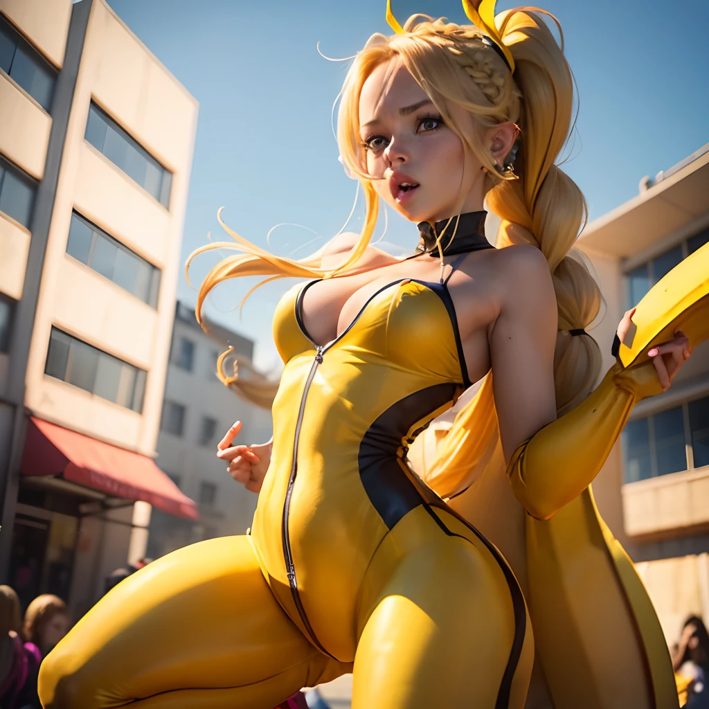 ((Girl in a banana costume)), violet eyes, blonde woman, hairlong, braided ponytail, pointed ears, mouth open.