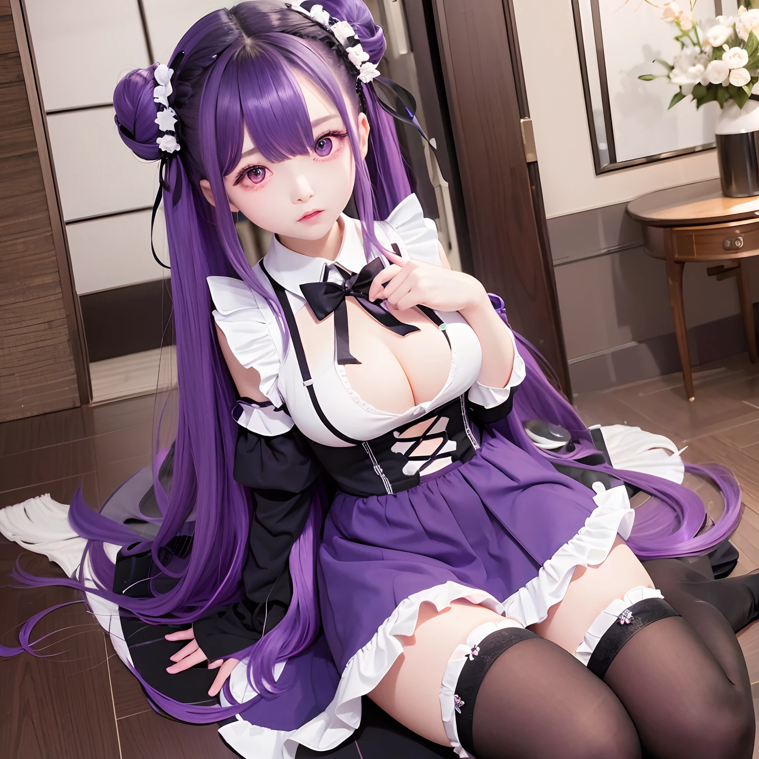 The upper part of the body、1人、Purple hair、Bun hair、mansion、Purple Eye、maid clothes、frilled miniskirt、Gothic lolKnee-length tights、huge tit、Chest、Japan anime-style odd-eye
