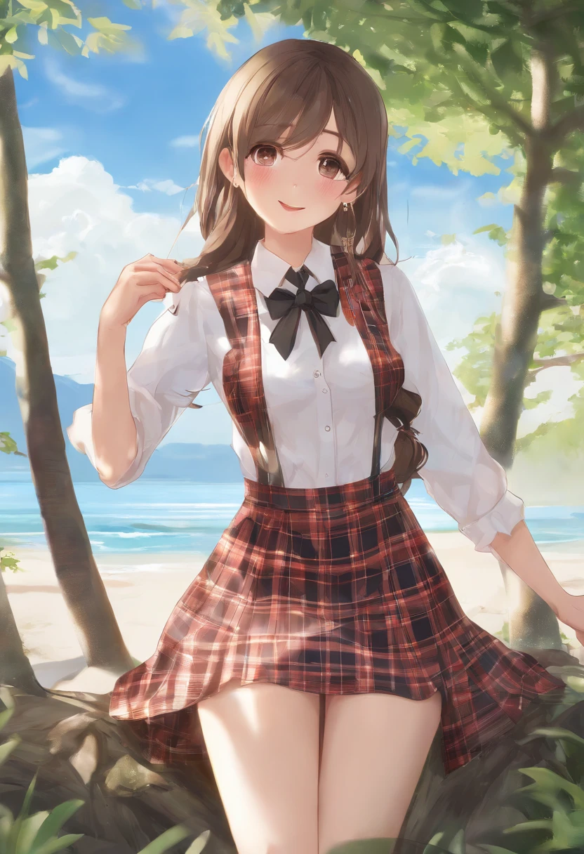 masterpiece, high quality best quality,1girl, bangs, beach, blue_sky, blush, bow, breasts, checkered, checkered_shirt, checkered_skirt, cloud, cloudy_sky, collarbone, day, envelope, giving, grass, hair_bow, heart, holding, holding_letter, horizon, incoming_gift, kazami_yuuka, leaning_forward, lens_flare, letter, light_rays, long_hair, looking_at_viewer, love_letter, mountain, mountainous_horizon, ocean, outdoors, plaid, plaid_background, plaid_bikini, plaid_bow, plaid_bowtie, plaid_bra, plaid_dress, plaid_headwear, plaid_jacket, plaid_legwear, plaid_necktie, plaid_neckwear, plaid_panties, plaid_pants, plaid_ribbon, plaid_scarf, plaid_shirt, plaid_skirt, plaid_vest, pov, shirt, skirt, sky, smile, solo, sun, sunbeam, sunlight, tree, unmoving_pattern