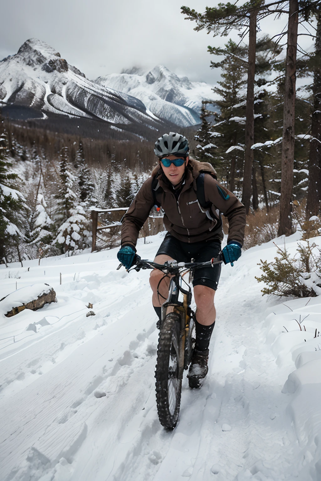 The blizzard rages on the rugged terrain as a brown-haired boy navigates his mountain bike through the dense forest. His helmet and sunglasses protect him as he takes on the challenging trail,  with snow-capped mountains in the distance adding to the scene.
