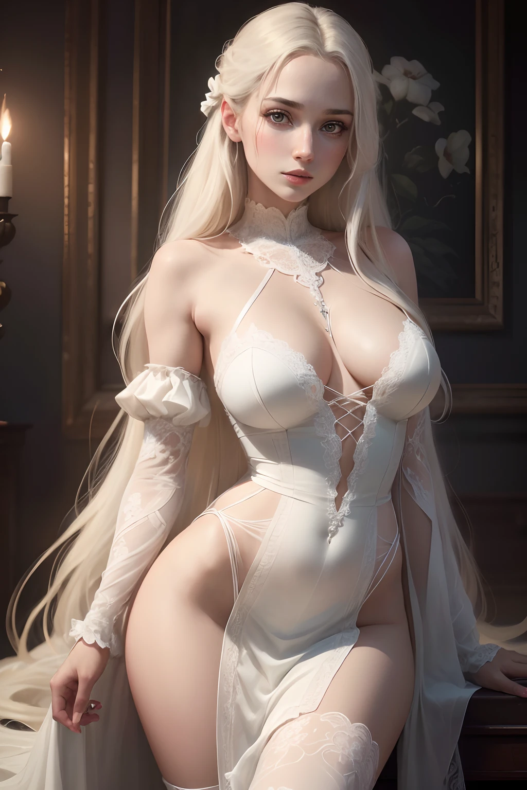 (best quality,4k,highres,masterpiece:1.2),ultra-detailed,(realistic,photorealistic,photo-realistic:1.37), HDR, UHD, studio lighting, extreme detail description, professional, vivid colors, bokeh, detailed eyes, detailed lips, extremely detailed eyes and face, long eyelashes, lacey dress, pale skin, bandages on arms, eerie background, beautiful young woman, long white flowing hair covering one eye