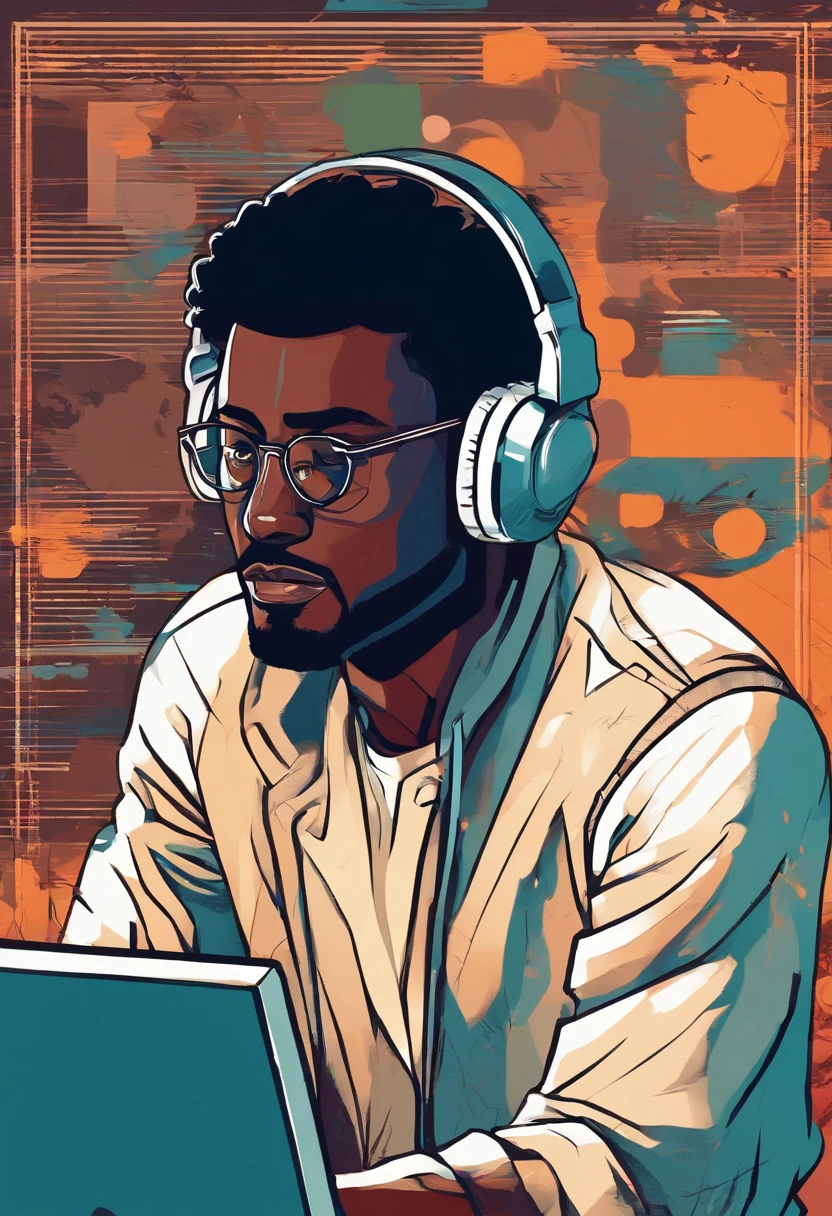 (close-up of a
dark skin man in front of his computer with a sad expression),illustration,blurry background,detailed face,facial hair,stressed looking eyes,lonely atmosphere,soft natural lighting,high-res,emotional,realistic,dark color palette,subtle shadows,desaturated colors,virtual meeting ambiance,neatly dressed man,grim face,slightly messy hair,headphones,keyboard,reflection in glasses,cold glow from the screen,muted tones,serious expression,sadness,isolated environment,indoor setup,quiet surroundings,user interface elements,heavy atmosphere,sombre mood,blue tones.