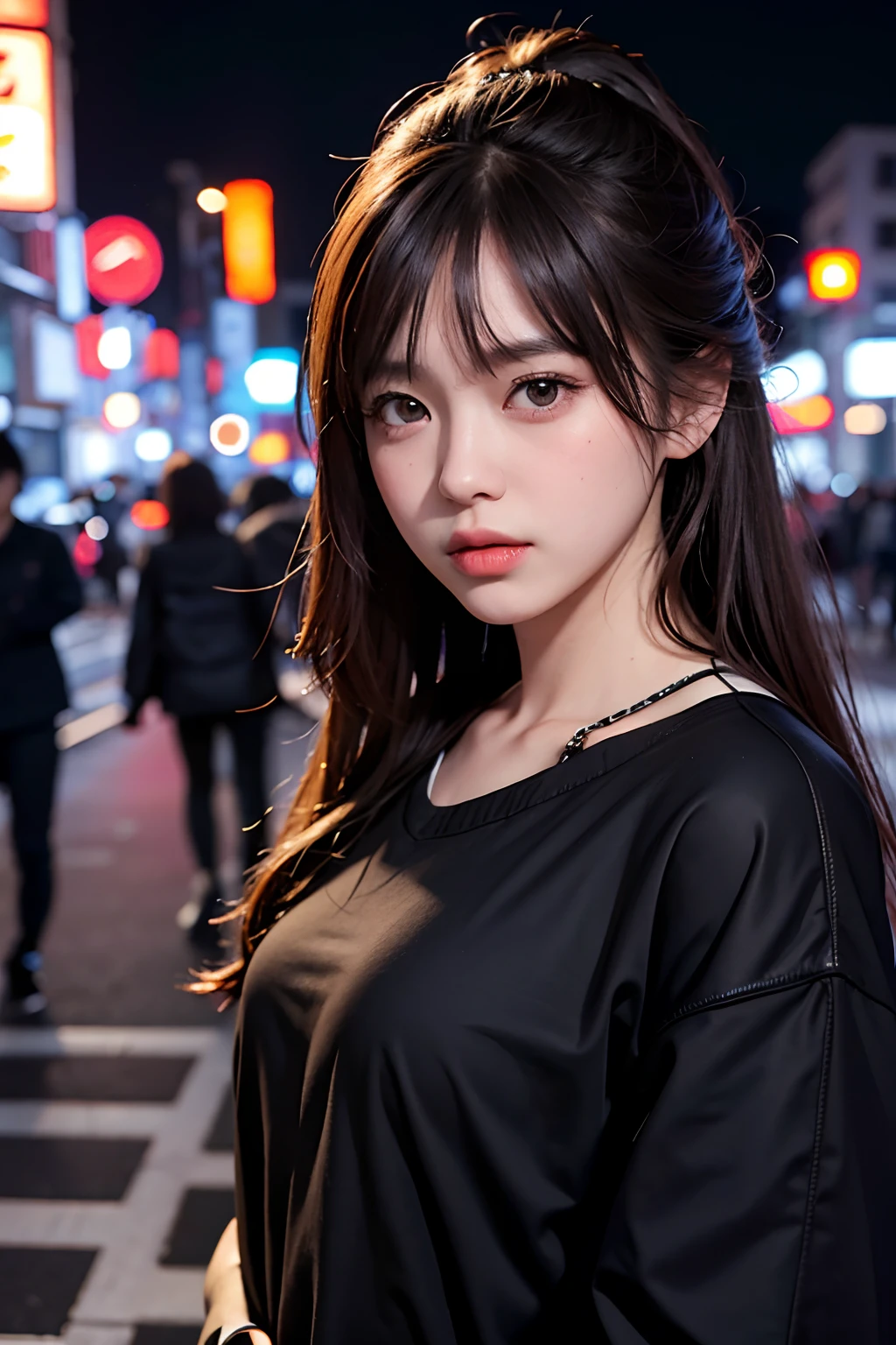 1girl, Tokyo street,night, cityscape,city lights, upper body,close-up, 8k, RAW photo, best quality, masterpiece,realistic, photo-realistic,