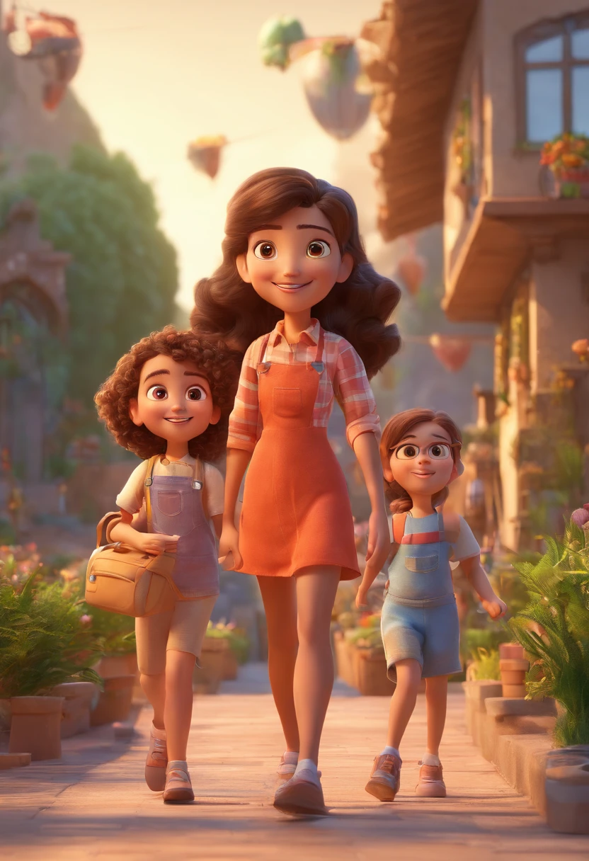 Estilo Pixar: Familia, Um pai, A mother and two girls. Uma menino de 6 anos e outro de 2 anos . Uma fazenda com vacas lindas e marrom .