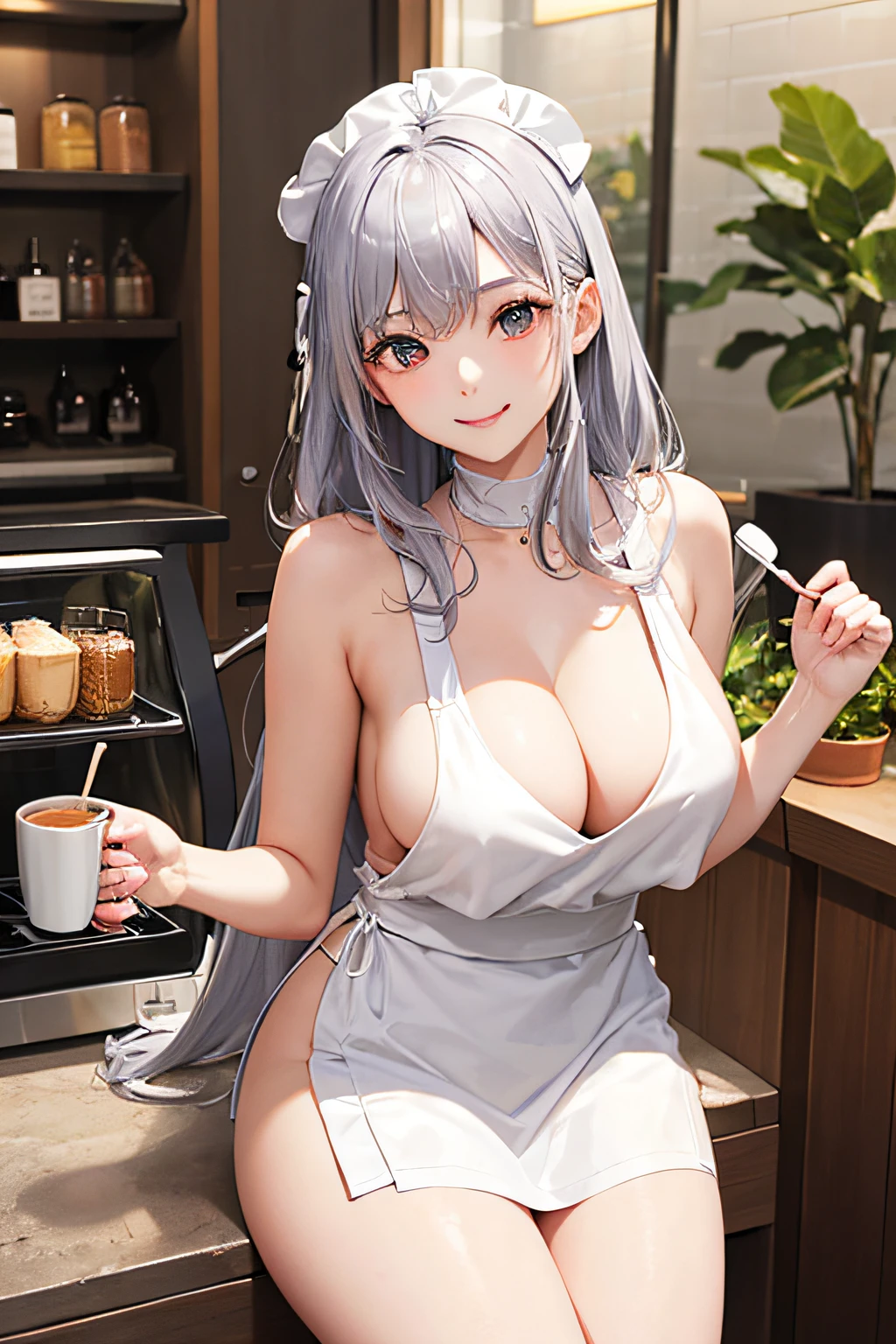 girl with, 独奏,Silvery hair, (barechested:1.2), (White apron),, cleavage of the breast, thighs thighs thighs thighs, Cafe background, a smile、The upper part of the body