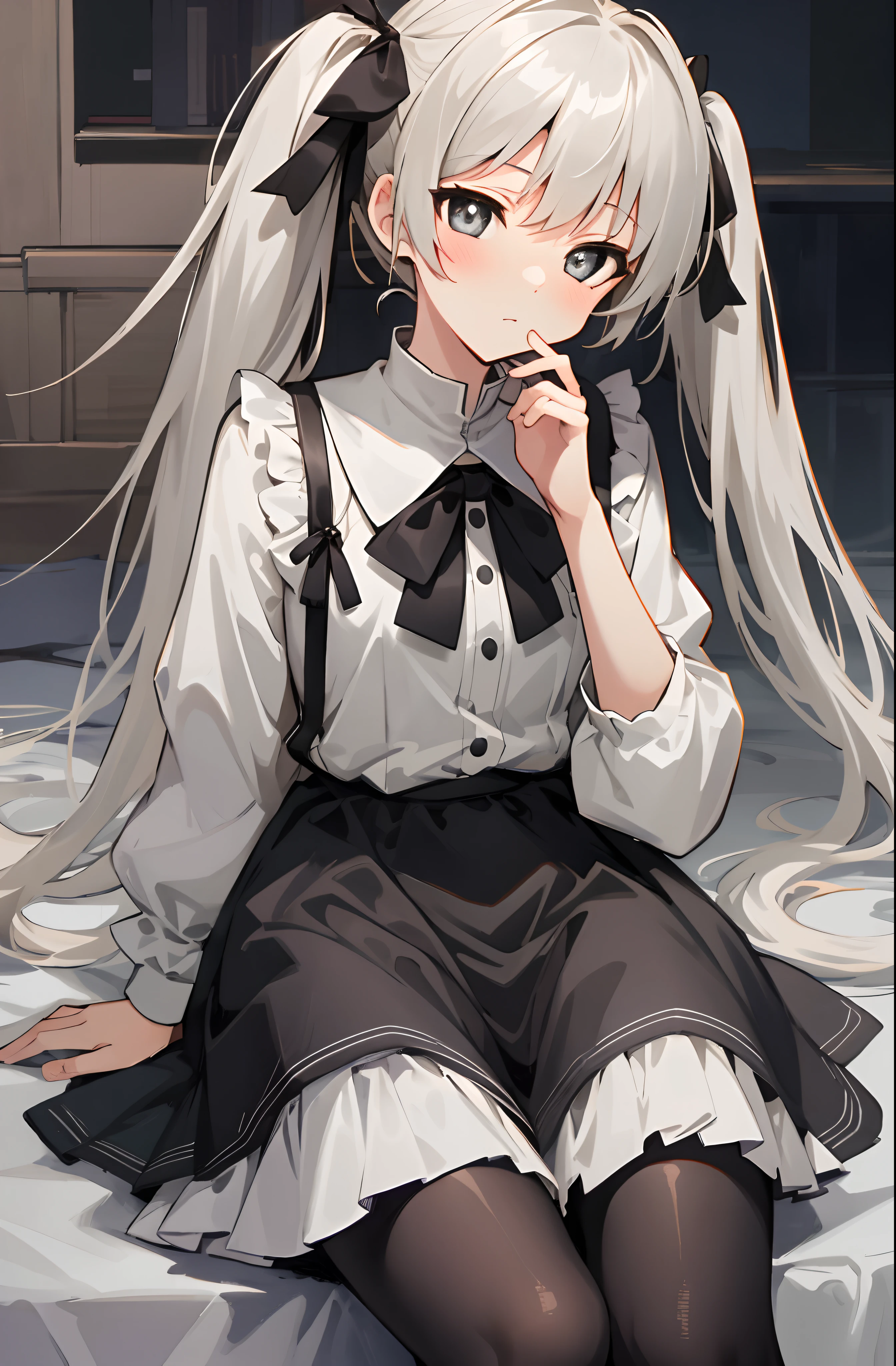 （Masterpiece，best qualtiy，A high resolution：1.5），1girl，high school senior，white skinned，Gray-black pupils，twintails，lacepantyhose，shift dresses，Delicate face，School Background，The light is bright，Sora Kasugano，Animated illustration style，pixiv popular