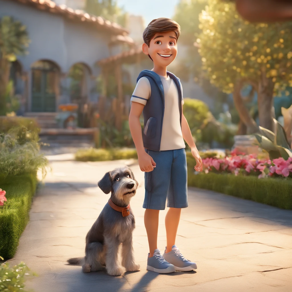 Lucas is a smiling -yeld hu boy, com seu fiel amigo, Bolt, o cachorro schnauzer, deitados no jardim