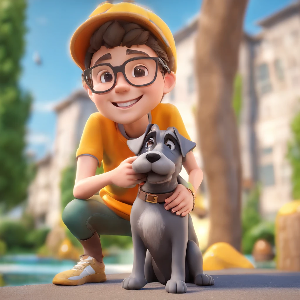 Lucas is a smiling -yeld hu boy, com seu fiel amigo, Bolt, o cachorro schnauzer, deitados no jardim
