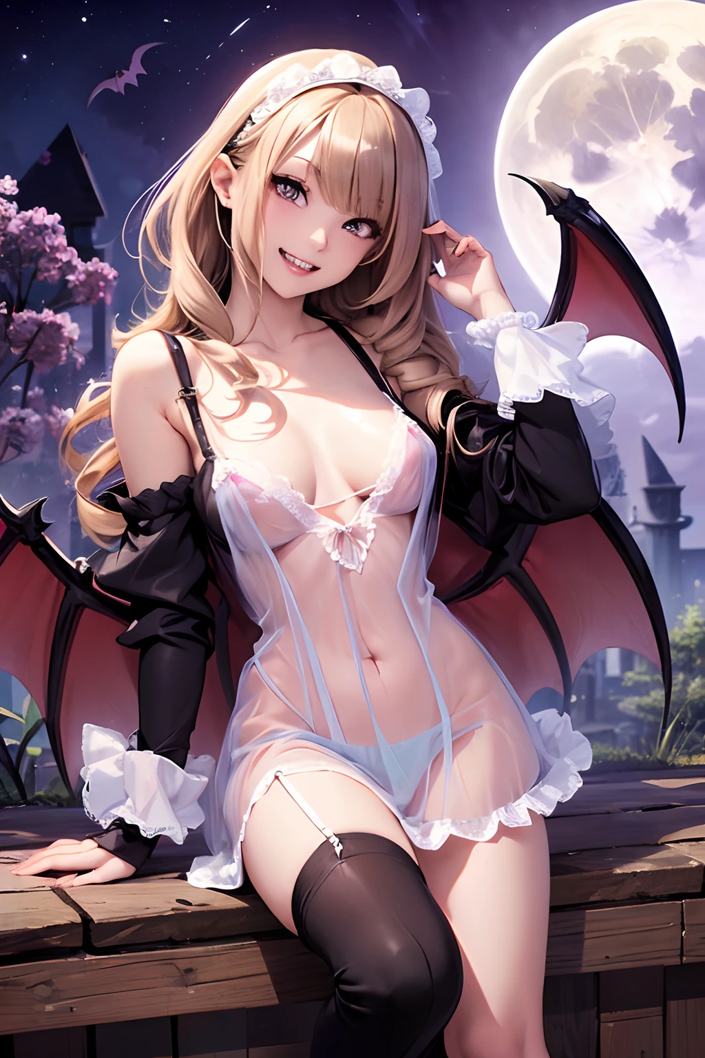 natta、Moon Night、deep in the night、Western-style ancient capital、european castles、(((Vampire Fangs: 1.5)))、a woman vampire、(((Sexy Dracula)))、(((Fang teeth)))、((Vampire Fangs))、((tusk))、female vampire、A sexy、pale skin、((pale skin))、Melancholy beautiful face、Beautiful expression、Sexy face、Nipple bumps, (((Lower breast)))、knee high socks、(((Big ))), Beautiful 、long boots、Super fine face、Delicat eyes、Double eyelids、Jump Aheface、Mansuji、Sujiman、 Line、(Doya face)、((((negligee)))),