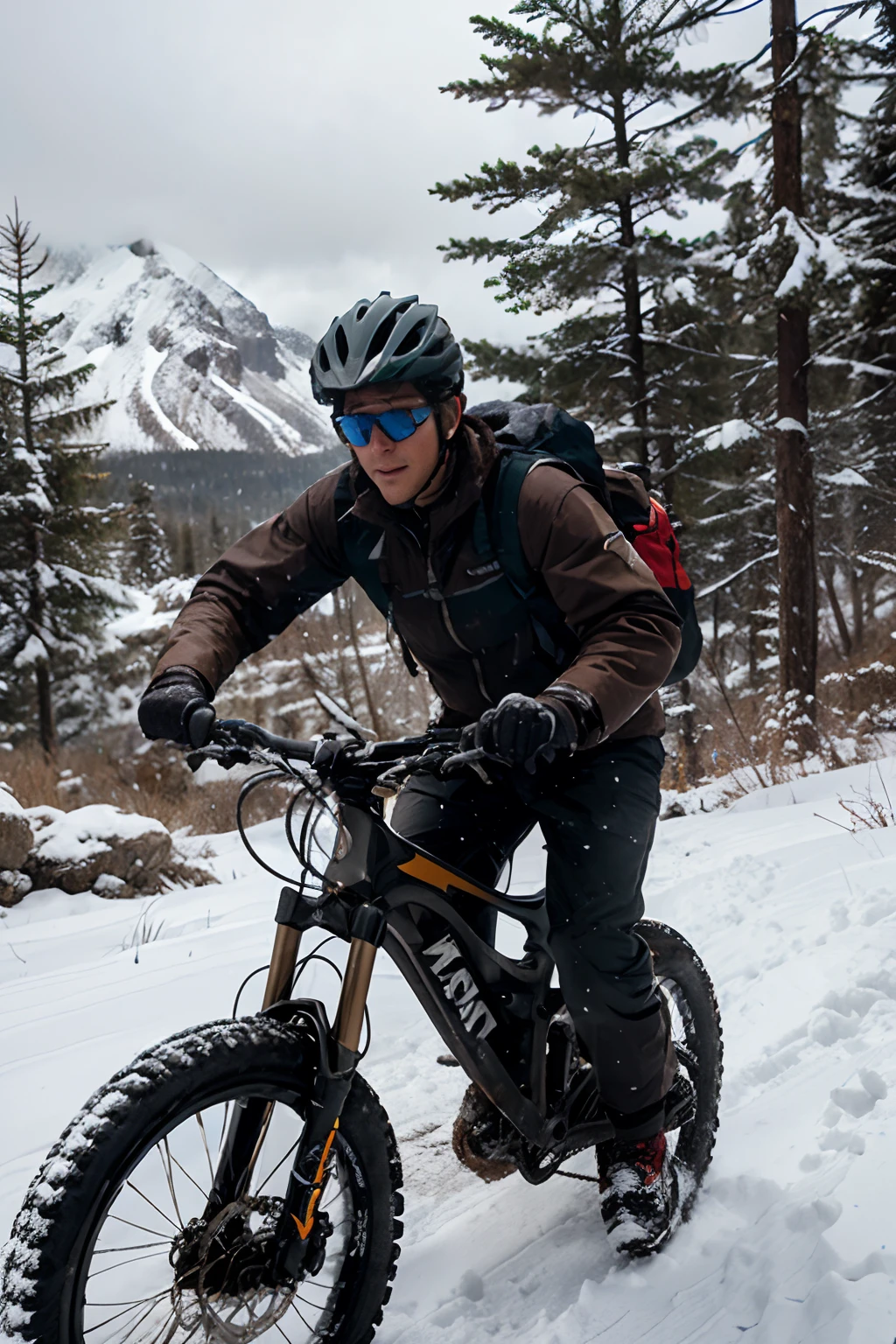 The blizzard rages on the rugged terrain as a brown-haired boy navigates his mountain bike through the dense forest. His helmet and sunglasses protect him as he takes on the challenging trail,  with snow-capped mountains in the distance adding to the scene.