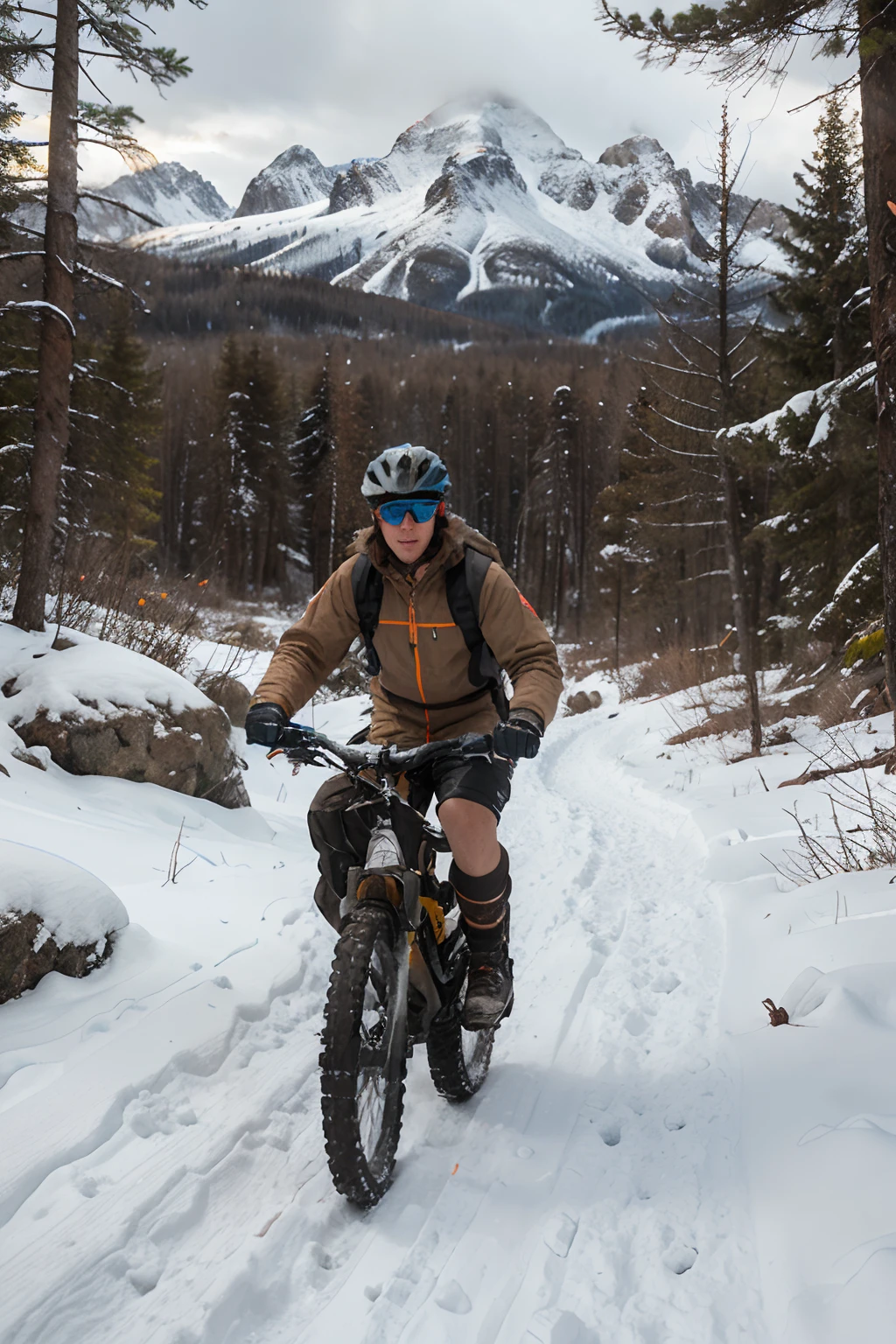 The blizzard rages on the rugged terrain as a brown-haired boy navigates his mountain bike through the dense forest. His helmet and sunglasses protect him as he takes on the challenging trail,  with snow-capped mountains in the distance adding to the scene.