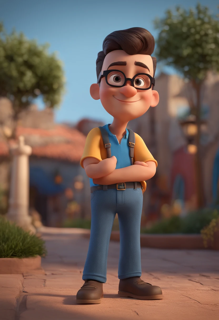Cartoon character of a man with black glasses and a blue shirt, animation character, Caractere estilizado, animation style rendering, 3D estilizado, Arnold Maya render, 3 d render stylized, toon render keyshot, Personagem 3D, Personagem 3D, 3d rendering stylized, 3 d character render, personagem de desenho animado, Personagem de close up, Pose de personagem, (Estilo Pixar) (master part:1.2) (Bokeh) (best quality) (pele detalhada) (textura detalhada) (8k) (argila) (Cinematic lighting) (foco nítido
