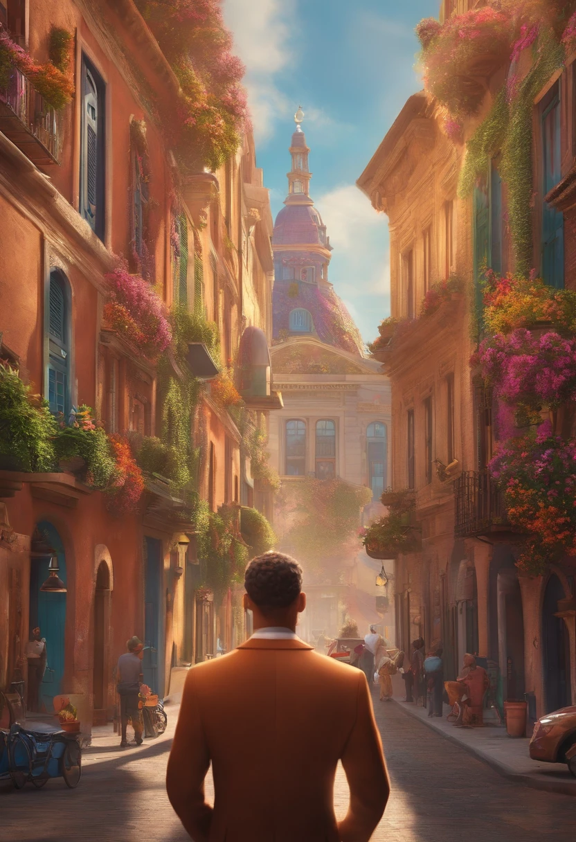 A city councilman looking at a dream project inspired by Pixar animation, de perto. The character takes center stage with captivating facial expressions, oferecendo um toque de irrealidade