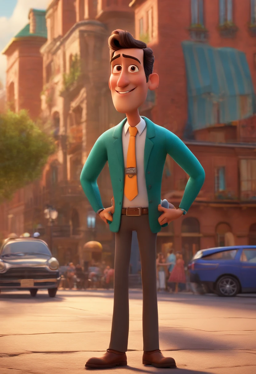 A city councilman looking at a dream project inspired by Pixar animation, de perto. The character takes center stage with captivating facial expressions, oferecendo um toque de irrealidade