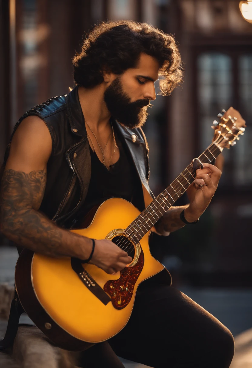 Homem de 30 anos, com barba estilo lenhador, cabelo cortado estilo low fade, castanhos, olhos castanhos, sombrancelha grossa, camiseta preta, Playing left-handed guitar, Yellow Folk Guitar, Nike sneakers.