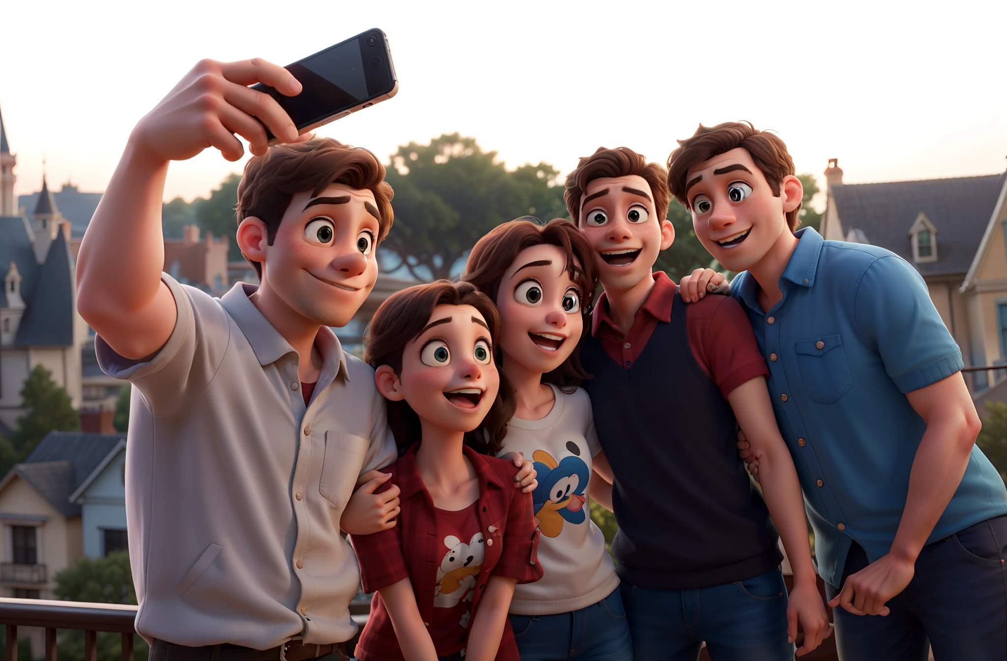 HD, (best detail), (Best quality), Disney, Five people took pictures on the balcony, Three women, Two men, Everyone had a great time, Ultra HD, retinas, Masterpiece, Super detail, Award-winning, best of quality, high resolution, High quality, 1080p, HD,