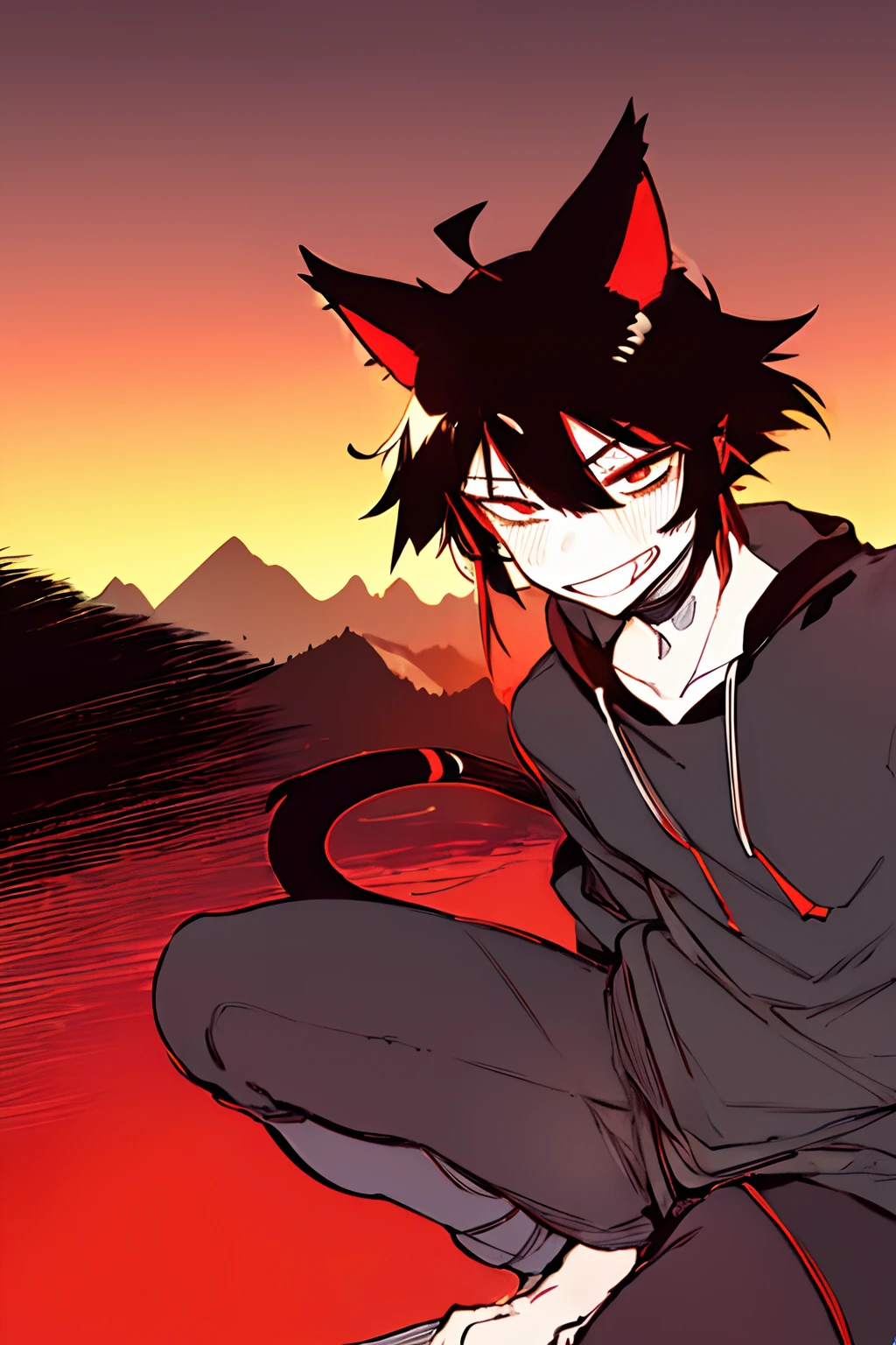 1boy, glossy dark black hair, red eyes, large sharp cat ears, cat tail, staring at viewer while grinning, mountainous setting, sunrise, 4k Resolution