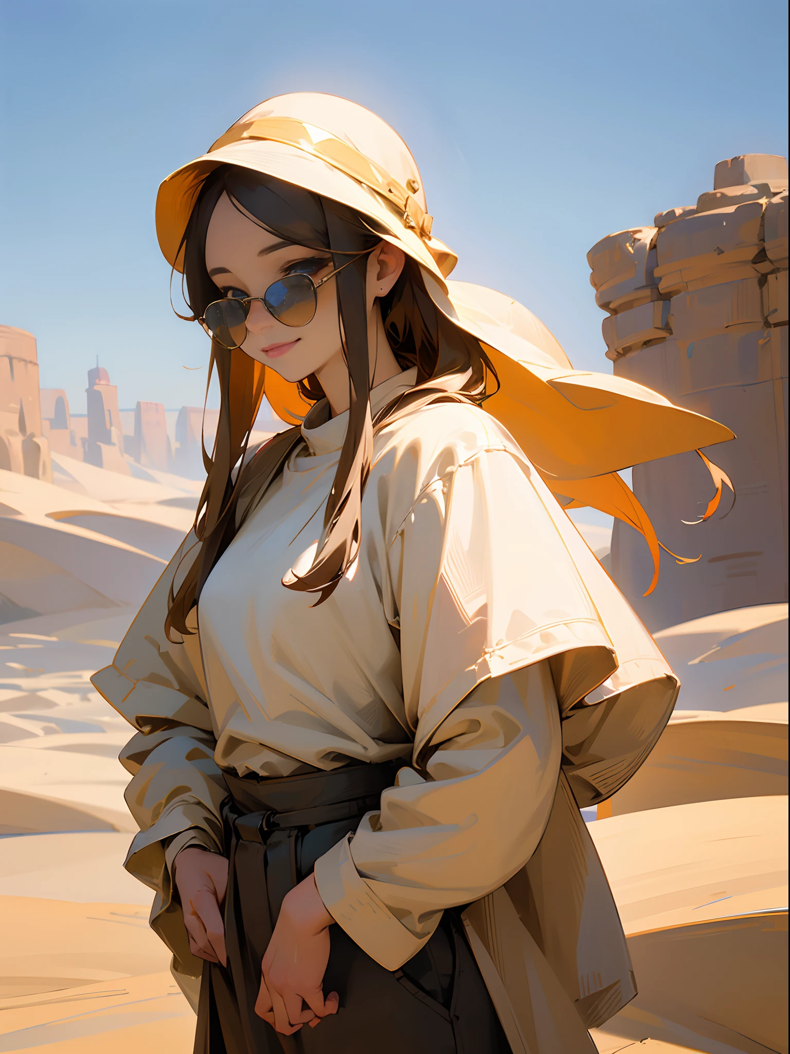 ((Best Quality)), ((Masterpiece)), ((Realistic)), ((Best Quality)), ((Masterpiece)), ((Realistic)), Girl walking in the desert, looking tired, Wearing loose-fitting clothing Long-sleeved shirts and pants, headdress, Sunglasses, very extremely beautiful, in a natural and casual style at eye level, painterly, Masterpiece, (hight resolution), Original, extremely detailed 8K , (Photorealistic:1.4),flawless face, Perfect eyes,symmetrical body shape,Smile,