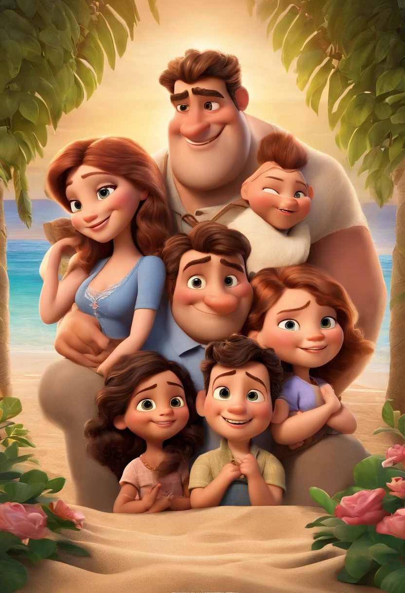 a Disney Pixar movie poster showing a white-skinned family. The father is the tallest, Tem barba curta, loiro, cabelos curtos e espinhosos. The mother has brown eyes and hair, shoulder-length and is slightly overweight. A  tem 4 anos e cabelos castanhos, roupa rosa e rabos de cavalo. The background is a beach garden. 3D-rendering