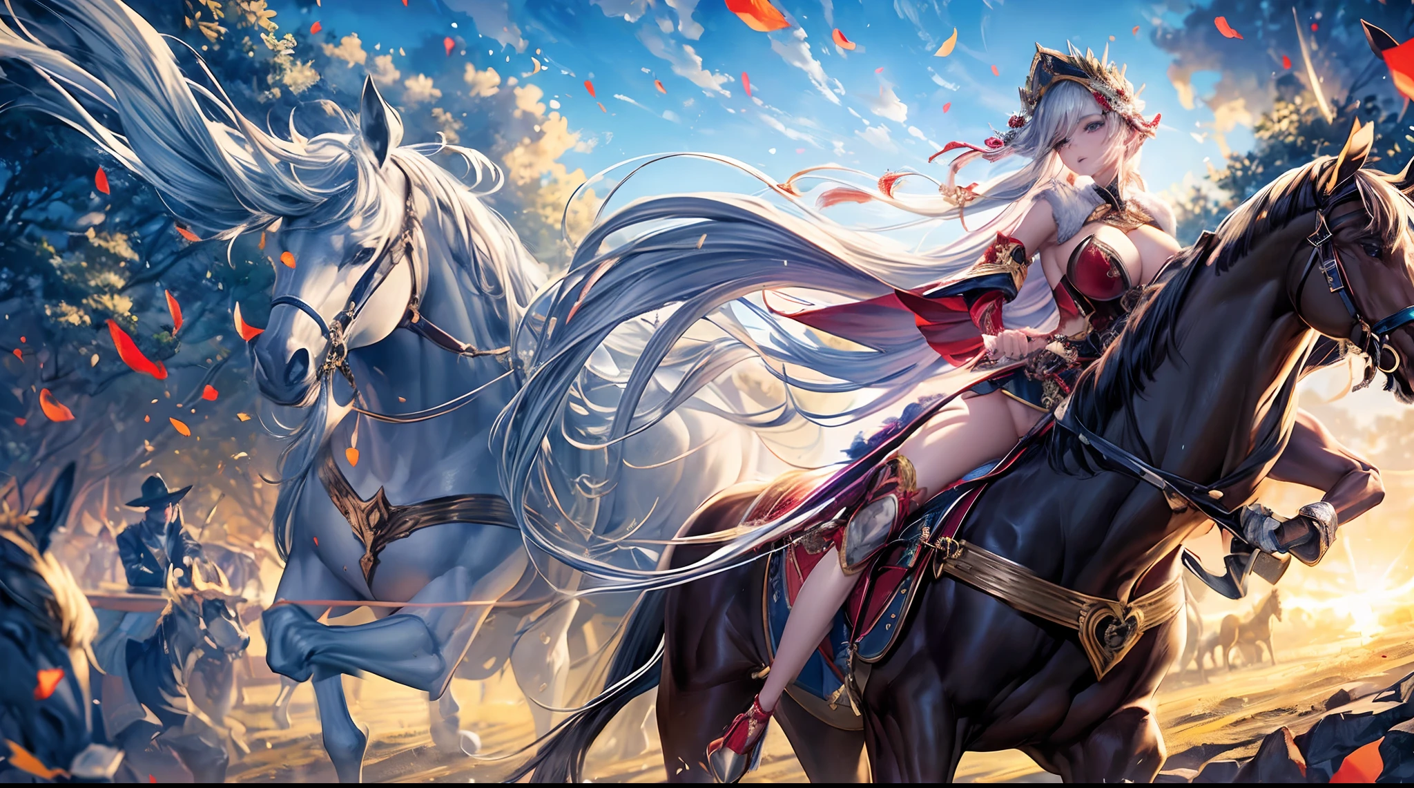 ((Master made,tmasterpiece,Award-winning artwork))(a beauty girl,独奏(A beautiful girl on a war horse)),(Equestrian uniforms:1.5),(The chest is bold and open),Attractive cleavage,Plump buttocks and slender waist,Perfect female body,Close-up of people,War horses gallop,Fine skin texture,Highest high resolution,Complex and rich graphics,Dynamic obfuscation,1080p,Best picture quality,wallpaper hd,Improve human anatomy,cinematic photogtaphy