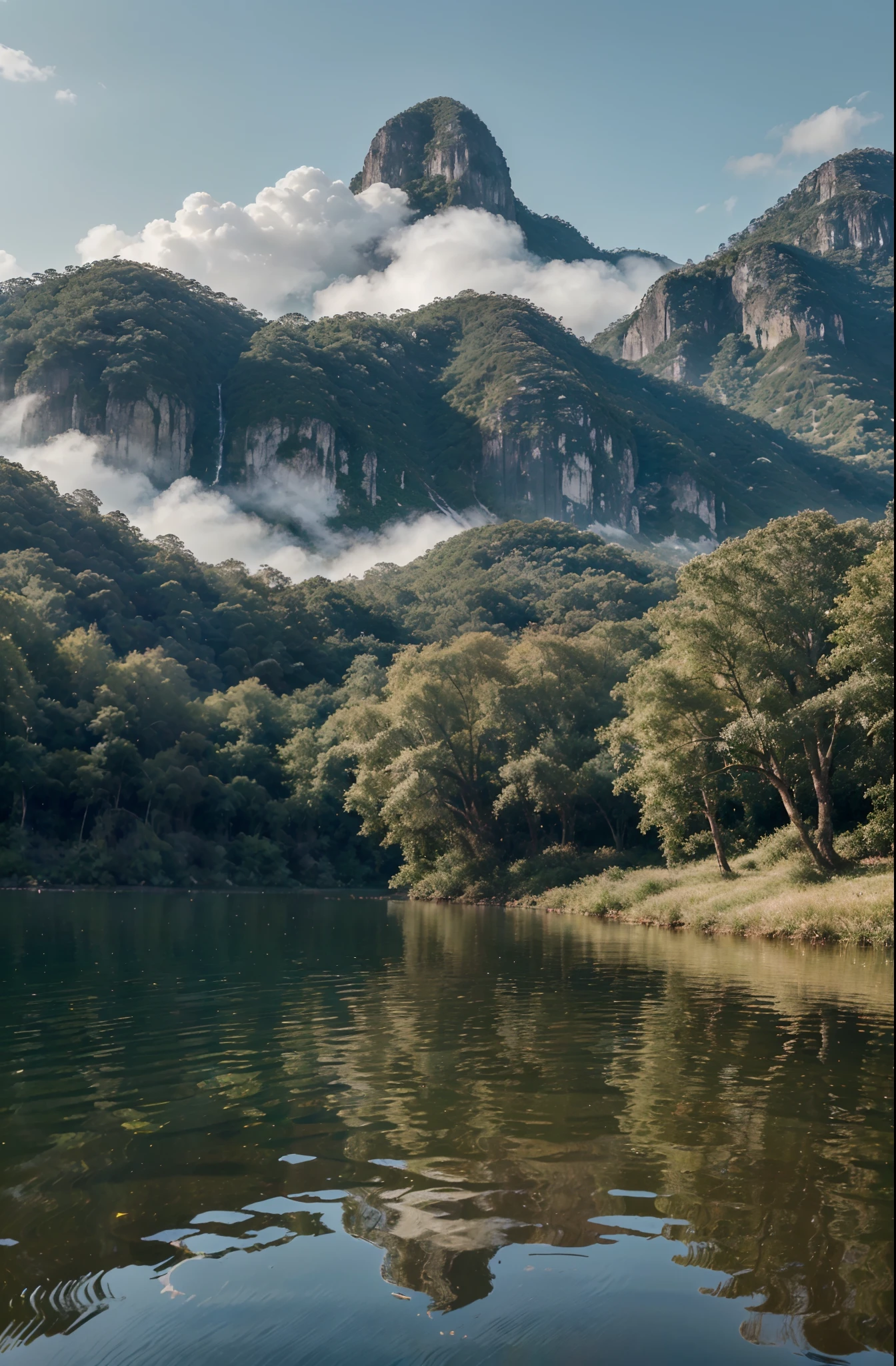 It shows a beautiful western lake and green fields....On one side of the lake there is a towering peak...，, On the other side is a dense forest....All images are colorful...、refreshing & natural，4K quality，oil painting,Photos in Thailand,The water is so clear that you can see the fish...,UHD,Morning atmosphere, RAW photography, (((Very beautiful images..))), (Very beautiful images..))), , , ((, ((masterpiece, bestquality, ultra-detail, cinematic lights, intricate detailed, high-res, 10, Very detailed)), detailed background, 10 UHD, DSLR, gentle lighting, High Quality, grain of film, Fujifilm XT3, shallow depth of field, natural light, perfect composition