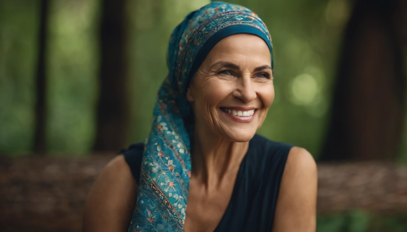 Mulher de 50 anos, cabelos grisalhos, with headscarf, with sympathetic face, sorriso encantador, feliz, vendedora, sem fundo na imagem.