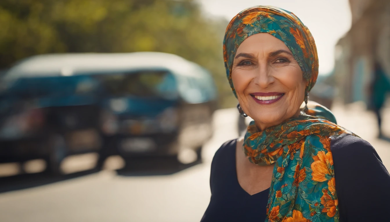 Mulher de 50 anos, cabelos grisalhos, with headscarf, with sympathetic face, sorriso encantador, feliz, vendedora, sem fundo na imagem.