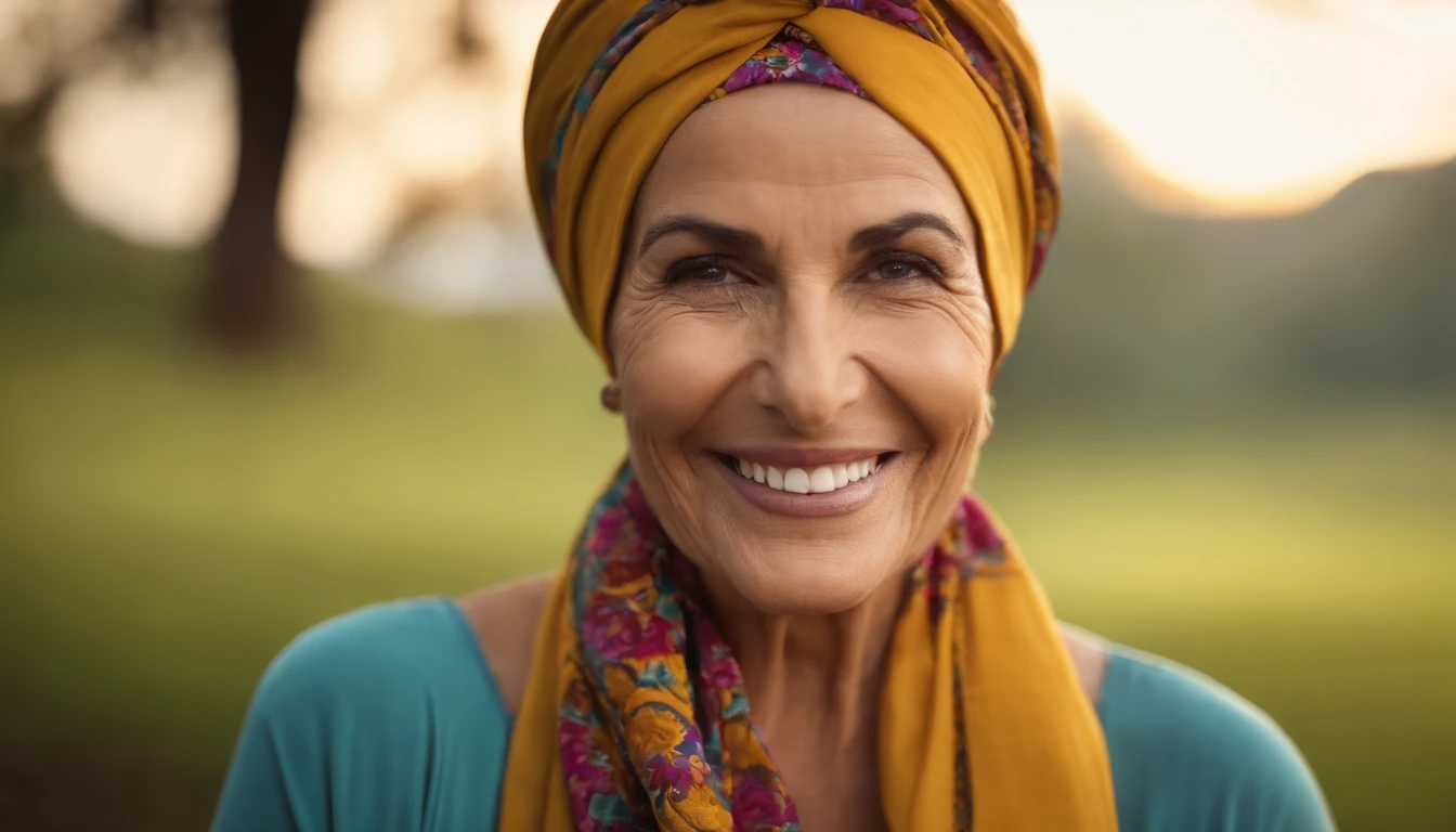 Mulher de 50 anos, cabelos grisalhos, with headscarf, with sympathetic face, sorriso encantador, feliz, vendedora, sem fundo na imagem.